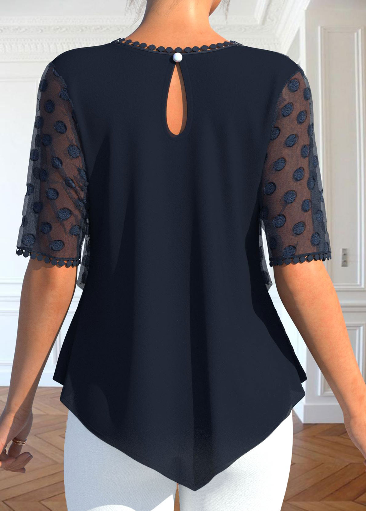 Navy tops,Plain Color tops,ROTITA Layered Navy V Neck Fake Two Piece Twinset