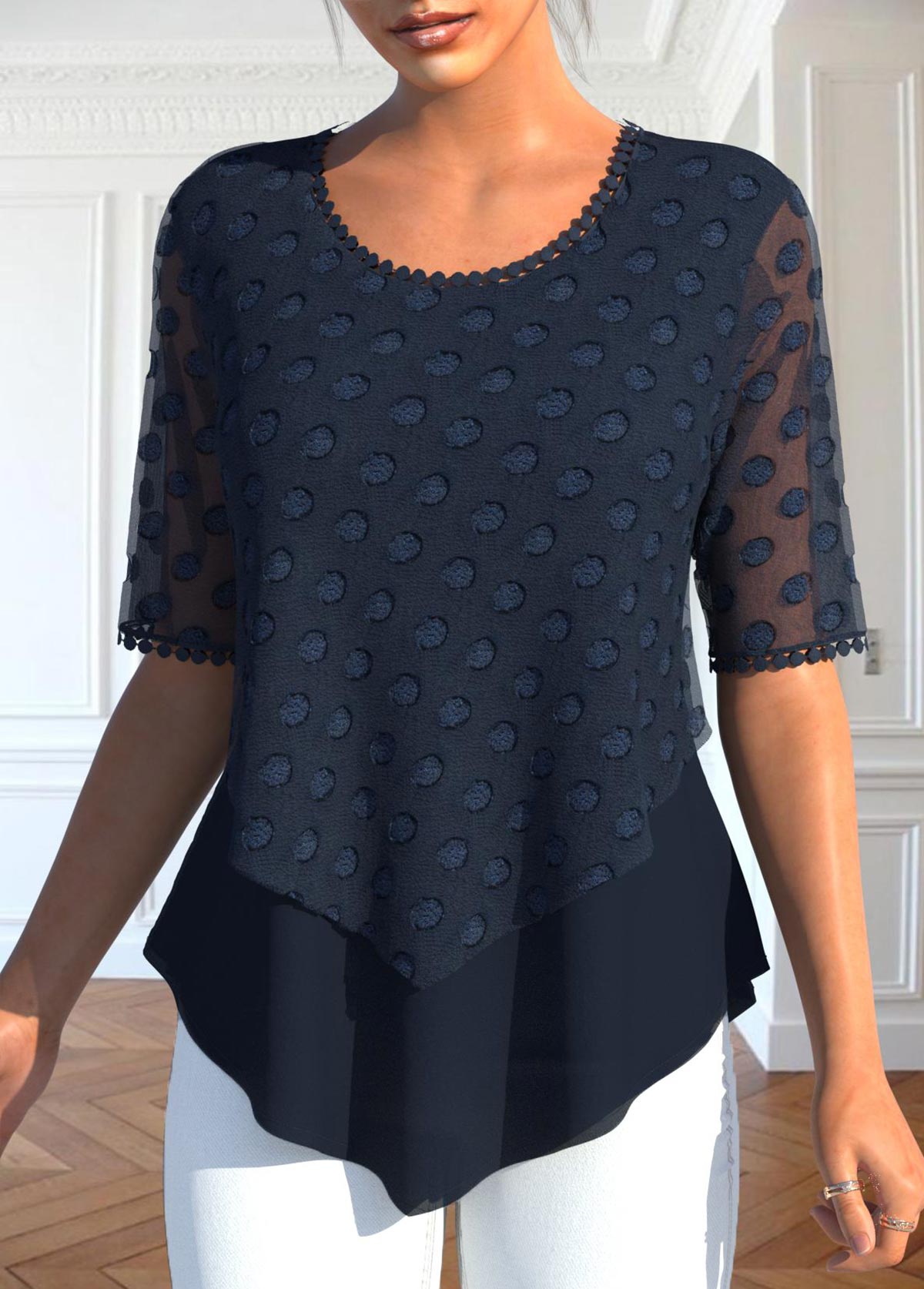 Navy tops,Plain Color tops,ROTITA Layered Navy V Neck Fake Two Piece Twinset