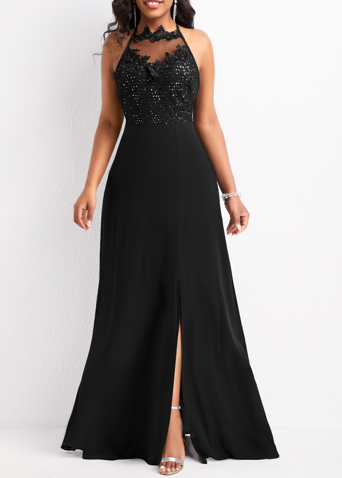 Black dresses,Plain Color dresses,Tie Patchwork Black Sleeveless Maxi Dress