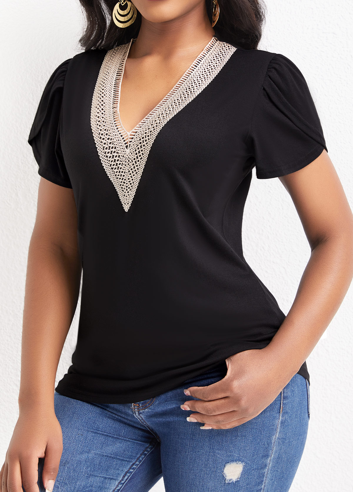 Black tops,Plain Color tops,Patchwork Black V Neck Short Sleeve T Shirt