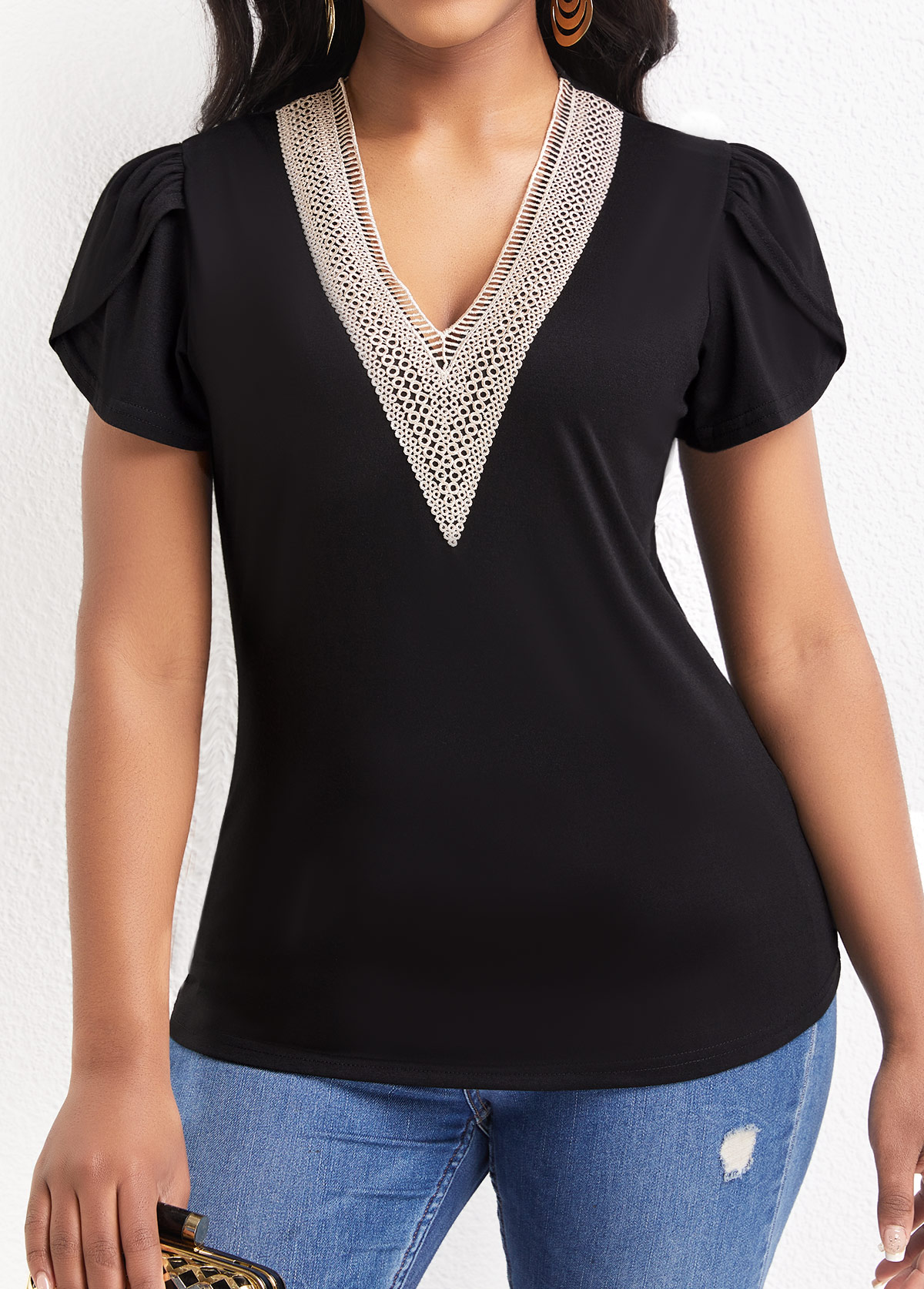 Black tops,Plain Color tops,Patchwork Black V Neck Short Sleeve T Shirt