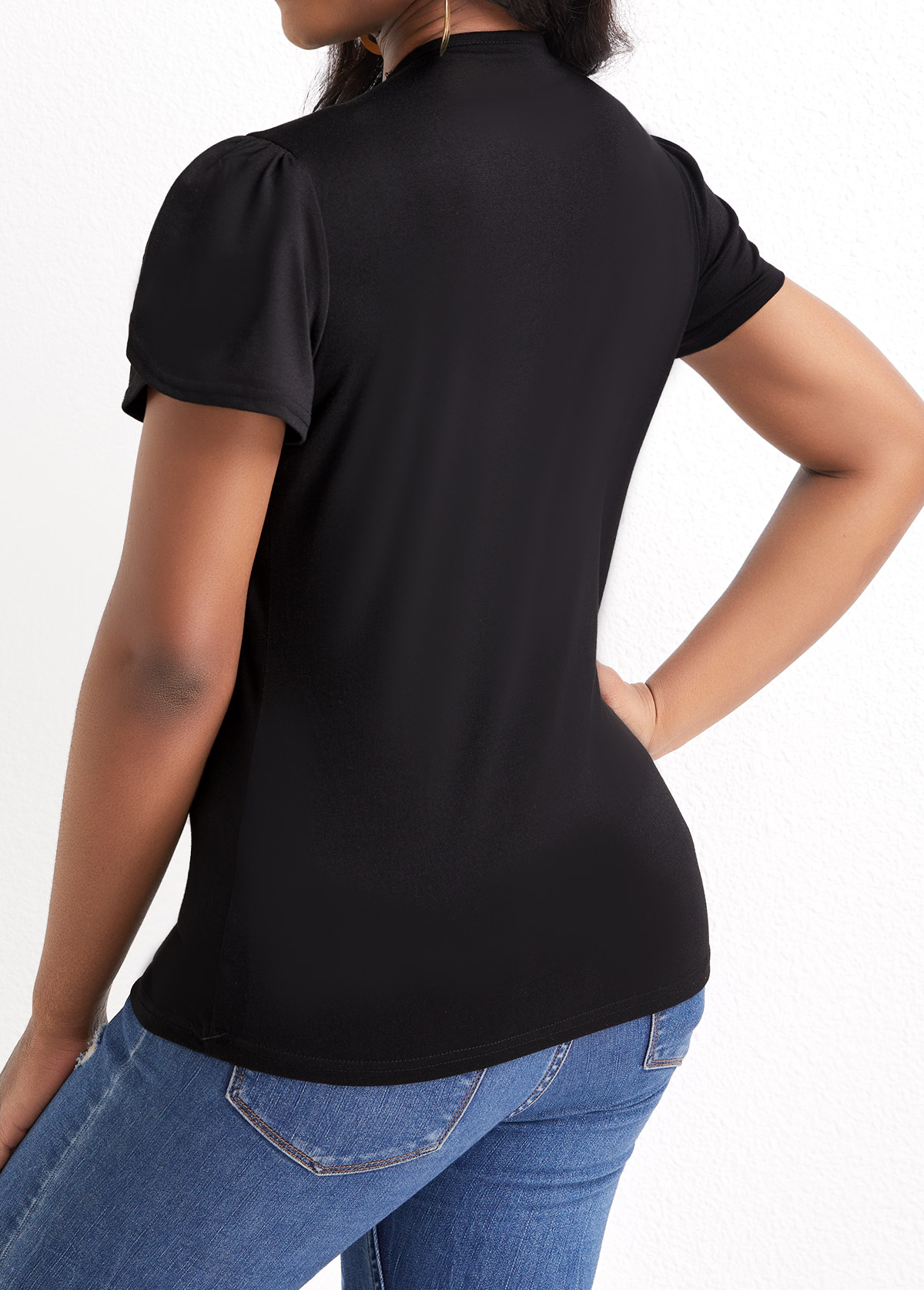 Black tops,Plain Color tops,Patchwork Black V Neck Short Sleeve T Shirt