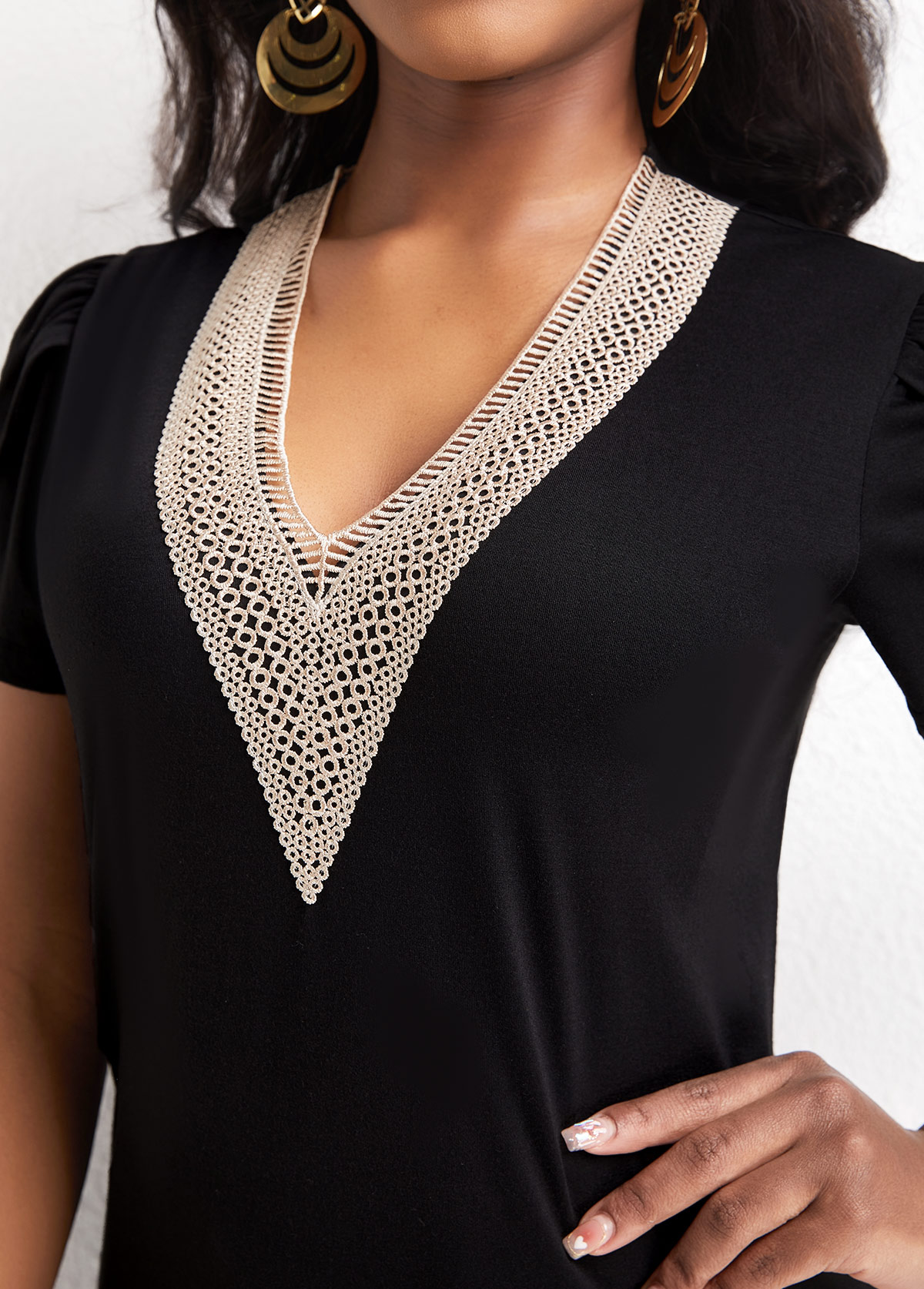 Black tops,Plain Color tops,Patchwork Black V Neck Short Sleeve T Shirt