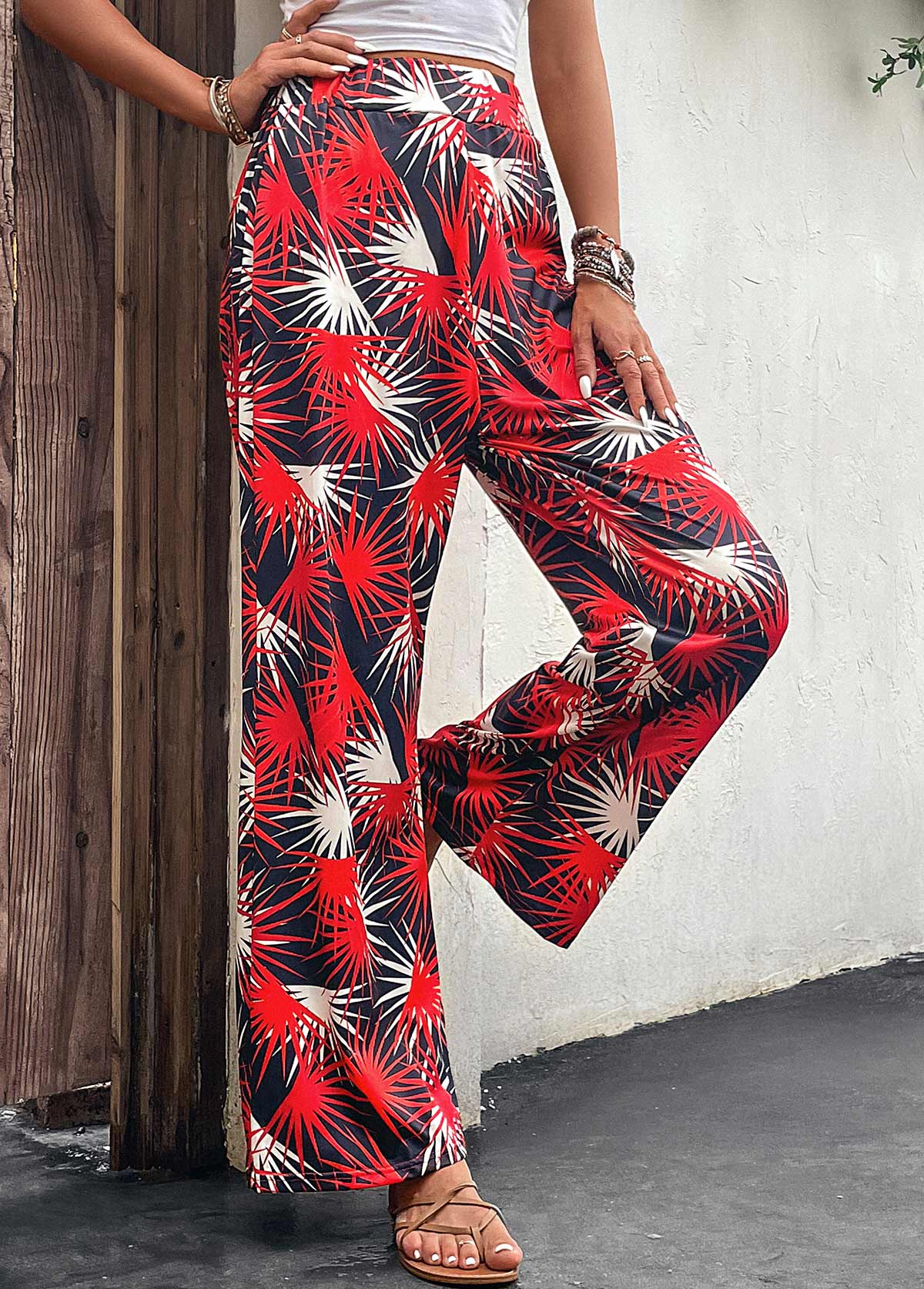 Red bottoms,Black bottoms,Plants bottoms,Lightweight Leaf Print Red Elastic Waist Pants
