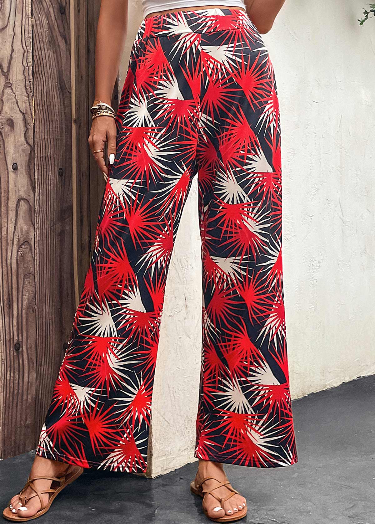 Red bottoms,Black bottoms,Plants bottoms,Lightweight Leaf Print Red Elastic Waist Pants