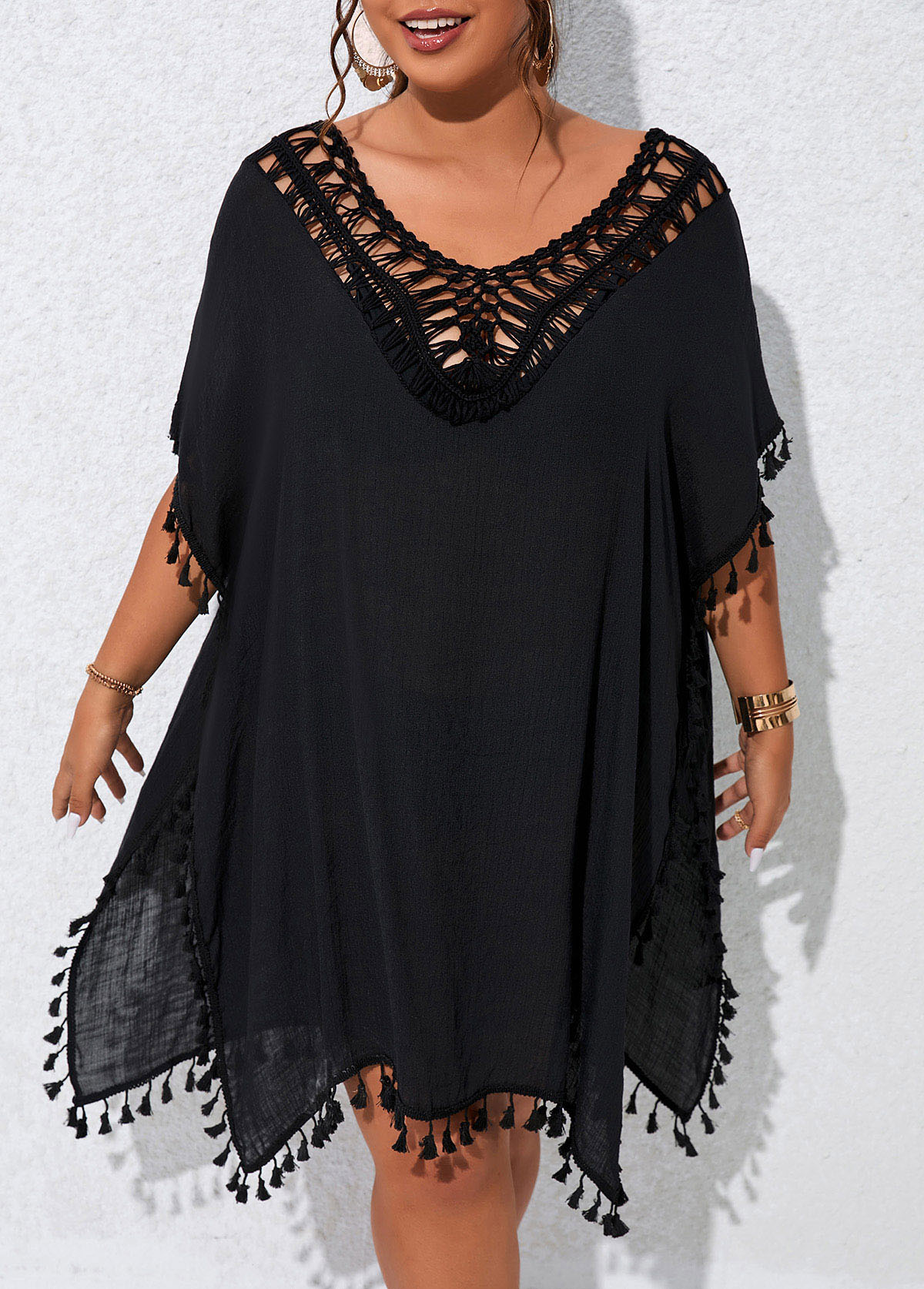 Black plus size,Plain Color plus size,V Neck Plus Size Patchwork Black Cover Up