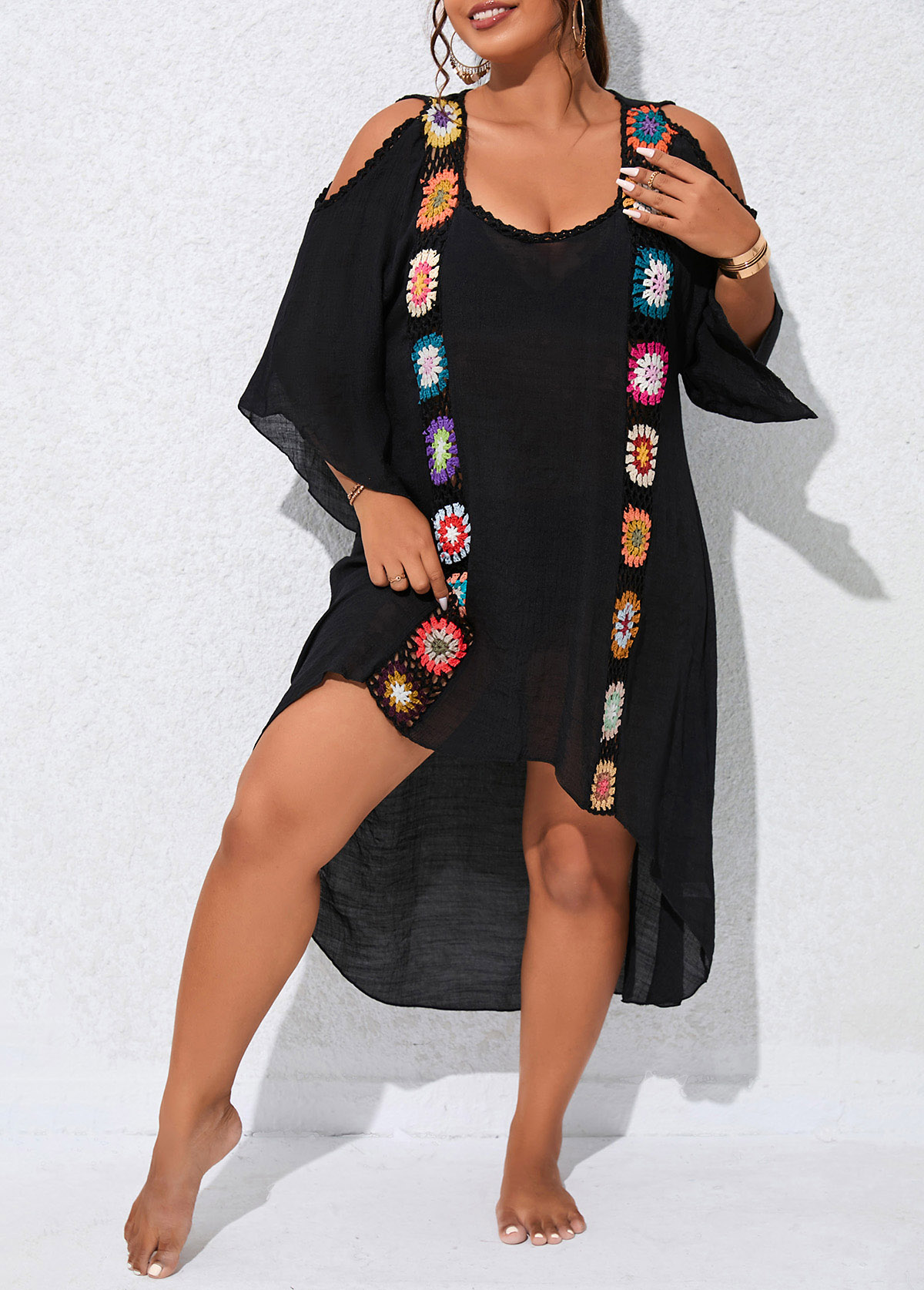 Black plus size,Plain Color plus size,Patchwork Plus Size Weave Black Cover Up