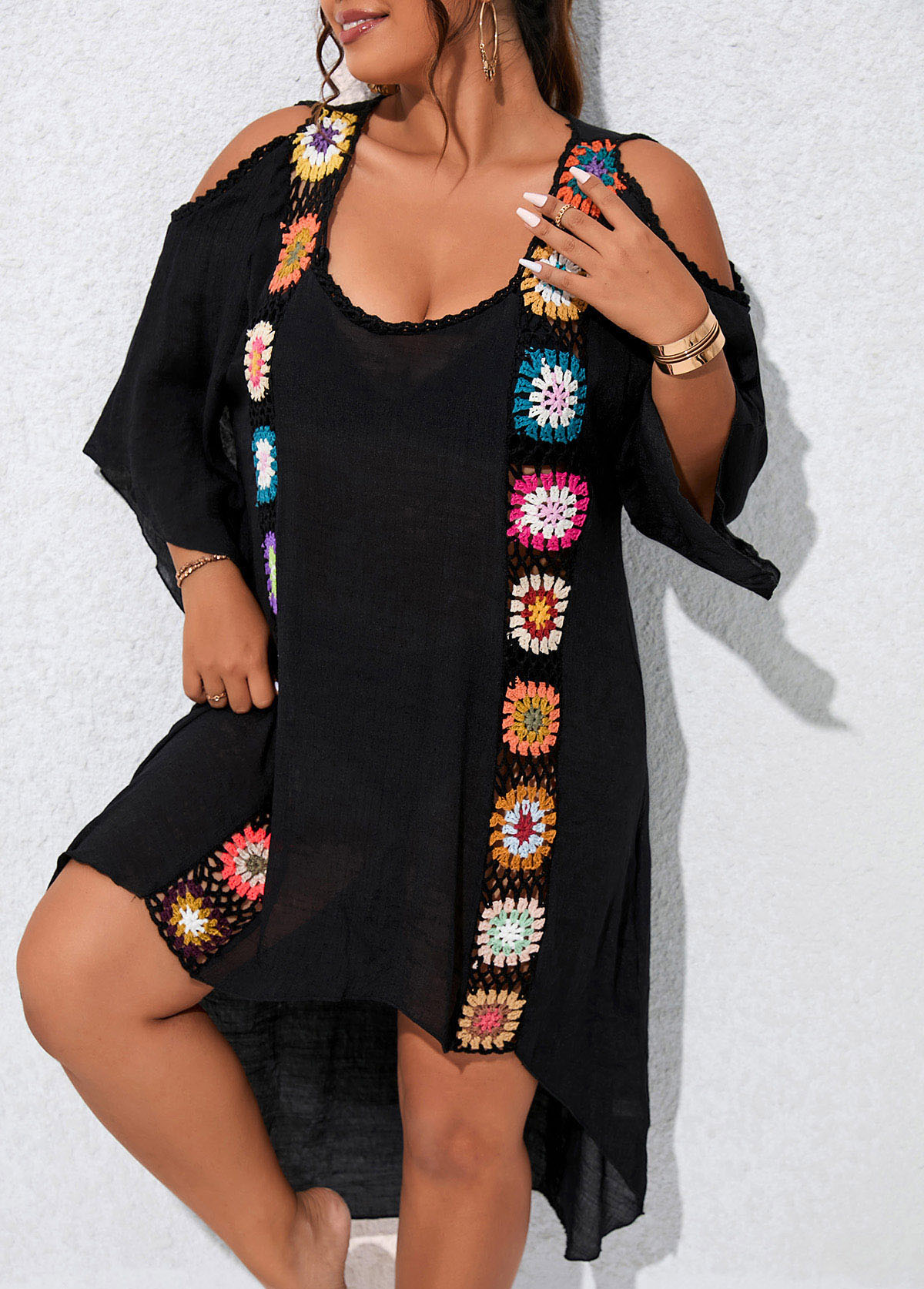 Black plus size,Plain Color plus size,Patchwork Plus Size Weave Black Cover Up