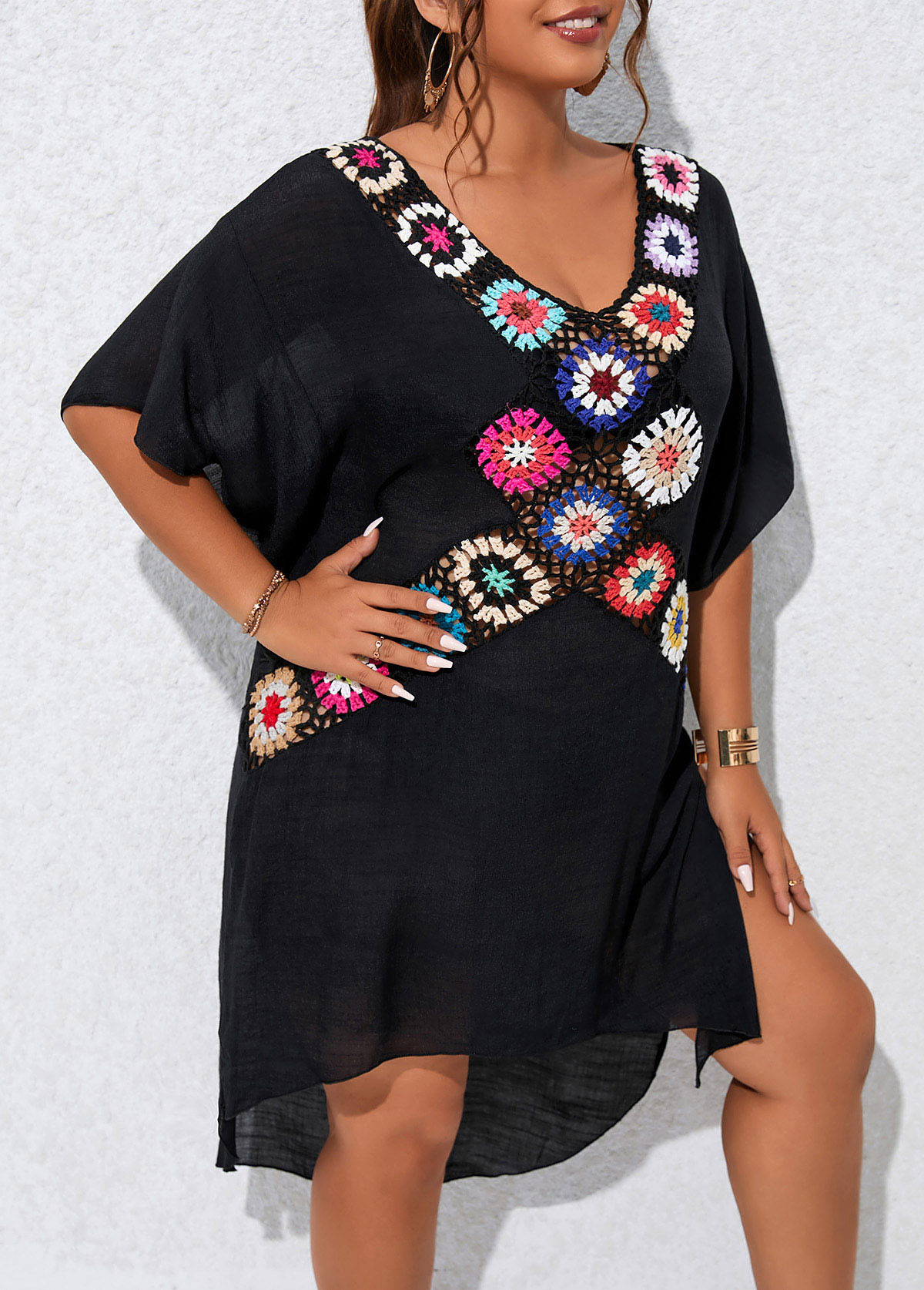 Black plus size,Plain Color plus size,V Neck Plus Size Patchwork Black Cover Up