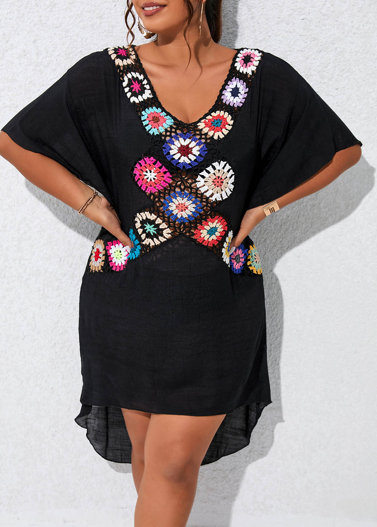 Black plus size,Plain Color plus size,V Neck Plus Size Patchwork Black Cover Up