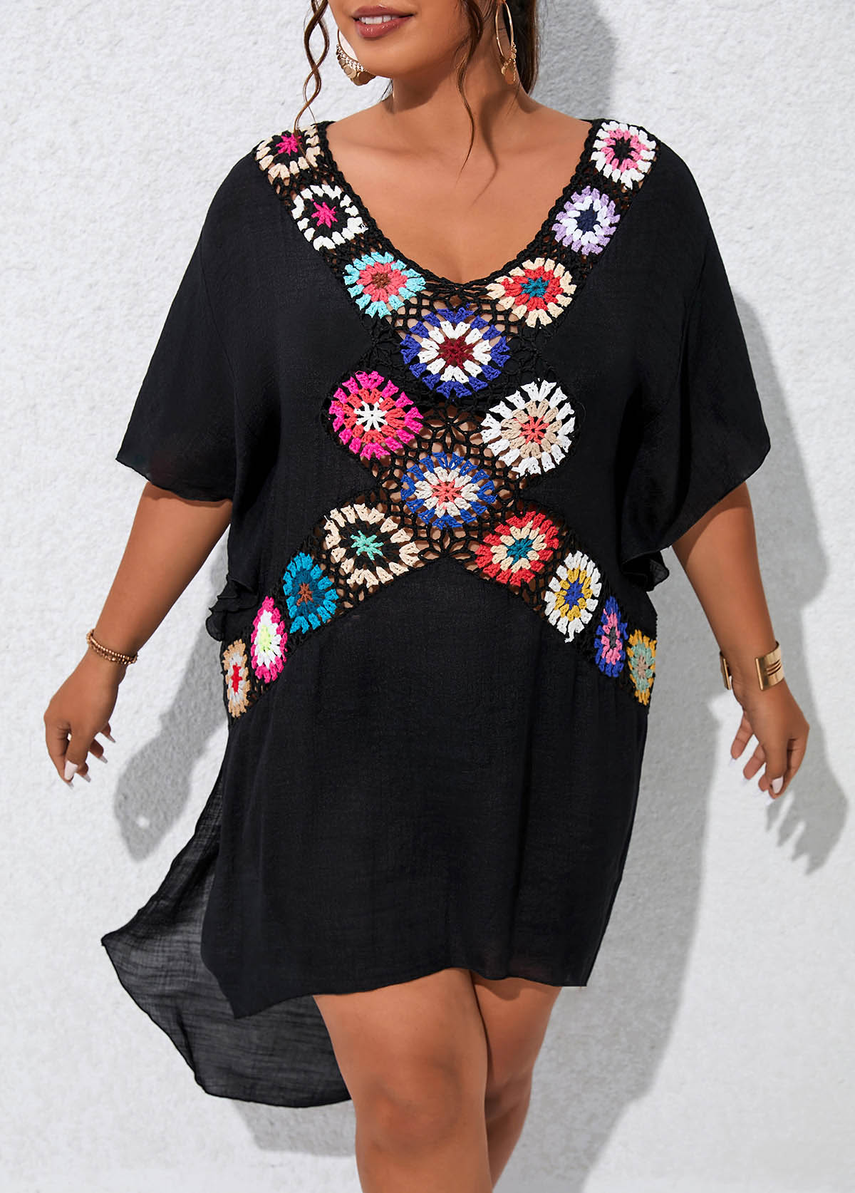 Black plus size,Plain Color plus size,V Neck Plus Size Patchwork Black Cover Up
