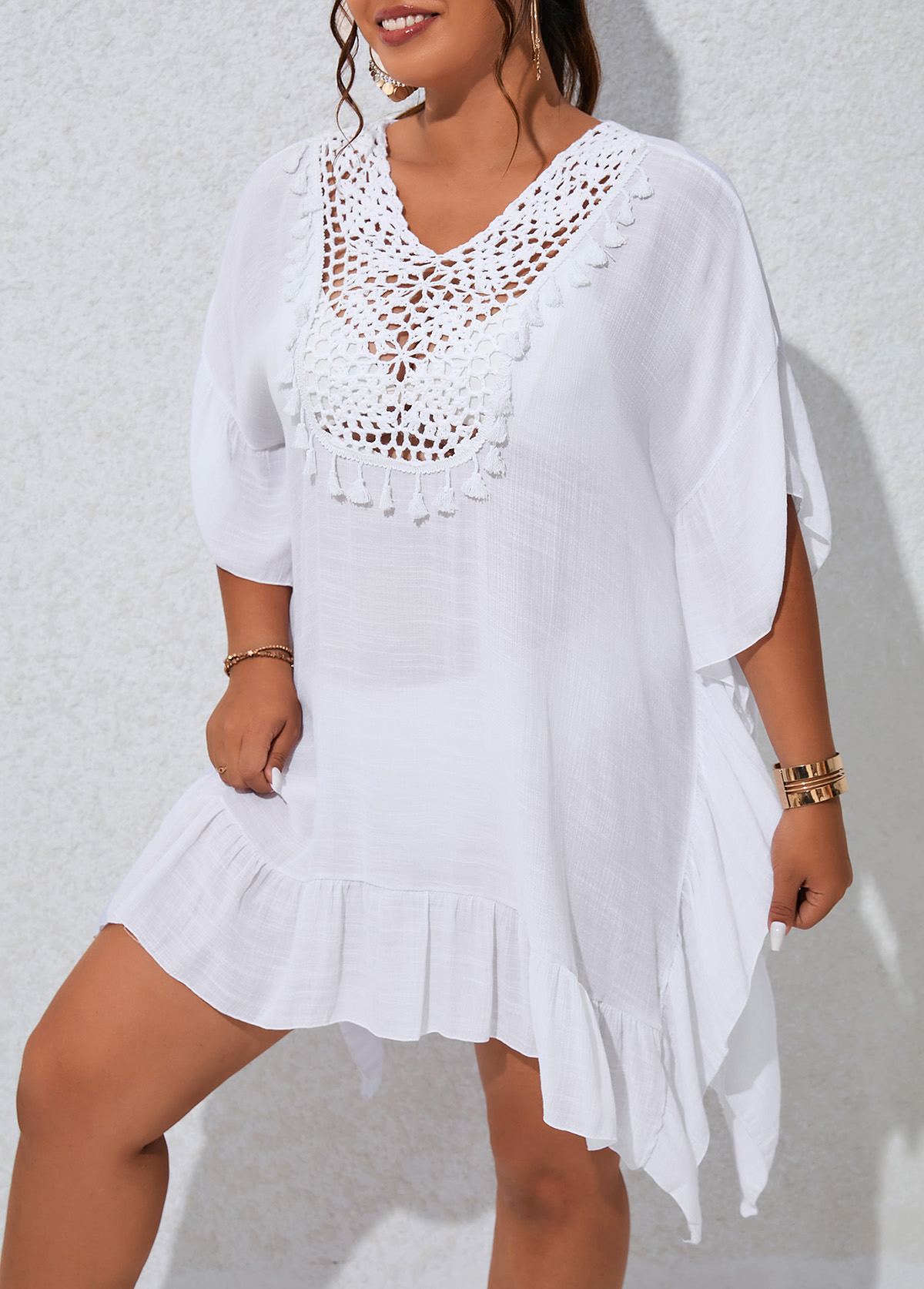 White plus size,Plain Color plus size,Plus Size Patchwork Tassel White Cover Up