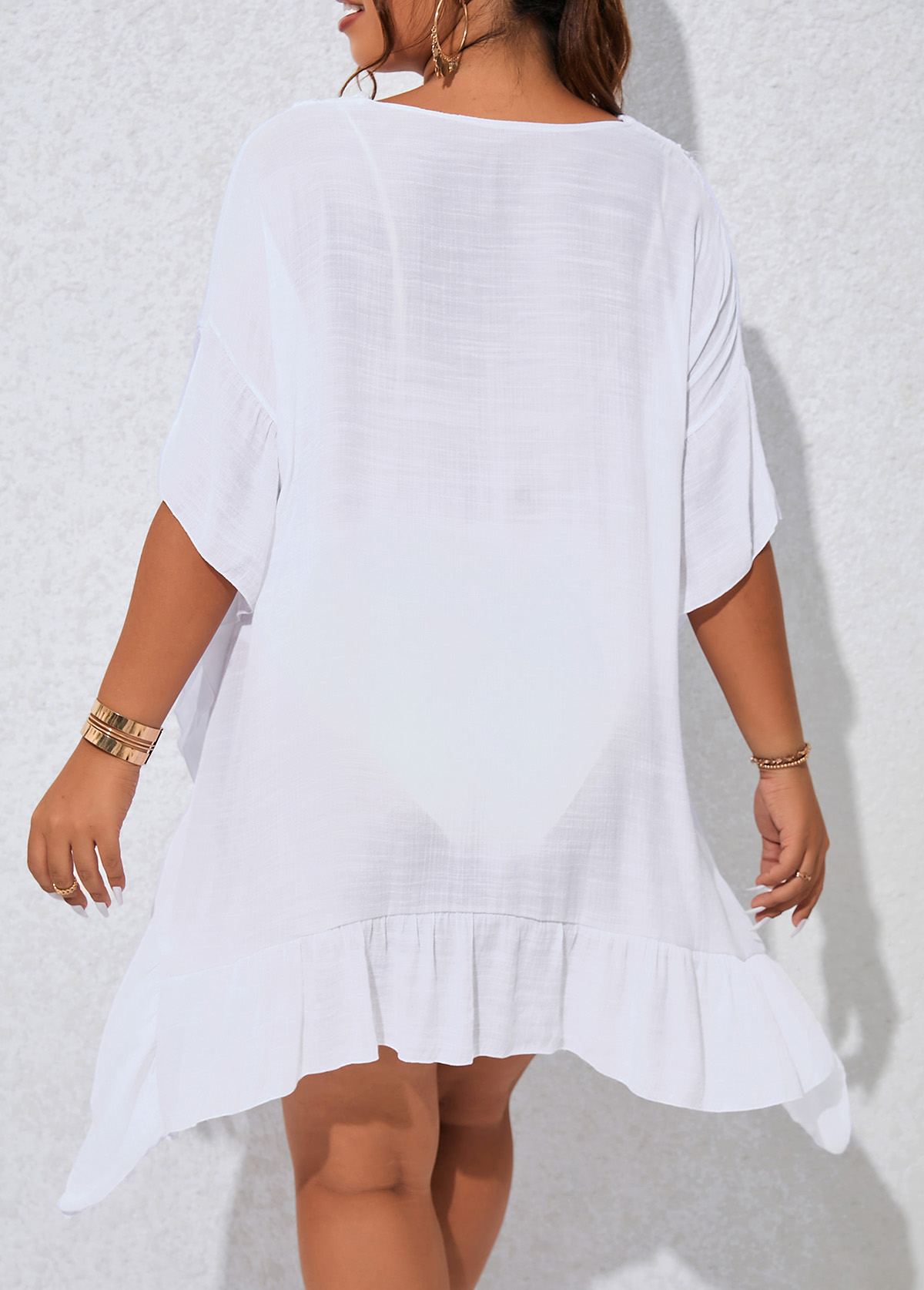 White plus size,Plain Color plus size,Plus Size Patchwork Tassel White Cover Up