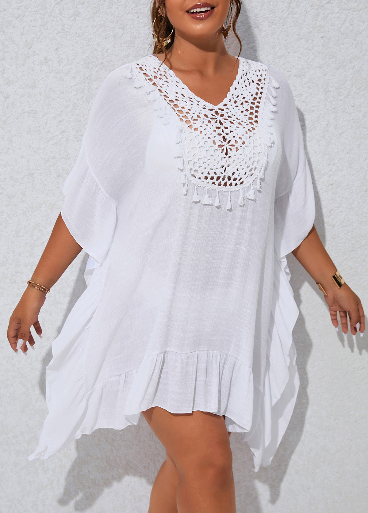 White plus size,Plain Color plus size,Plus Size Patchwork Tassel White Cover Up