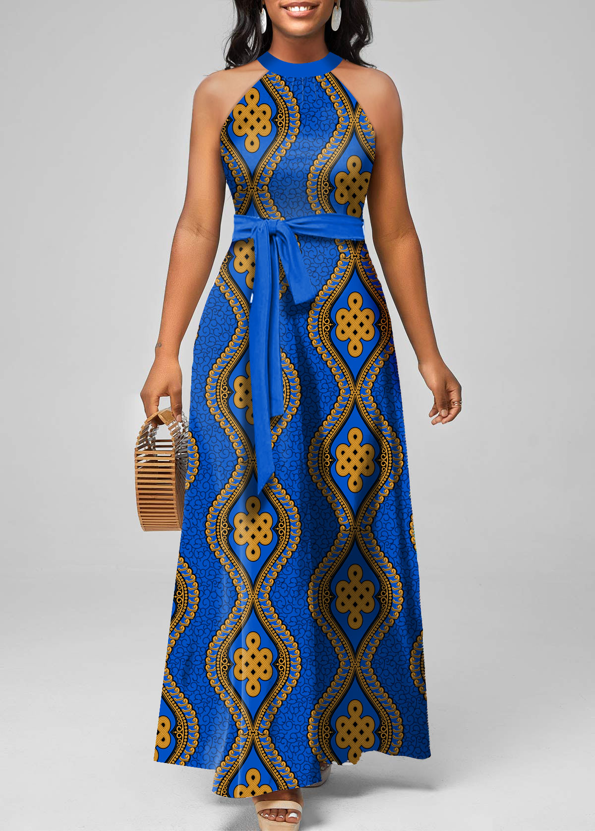 ROTITA Tie Tribal Print Blue Belted Maxi Dress