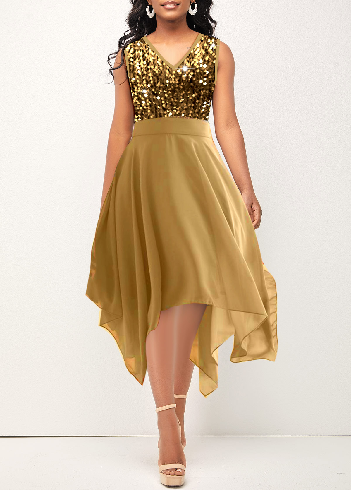 Rotita – ärmelloses Kleid mit goldenen Pailletten und V-Ausschnitt