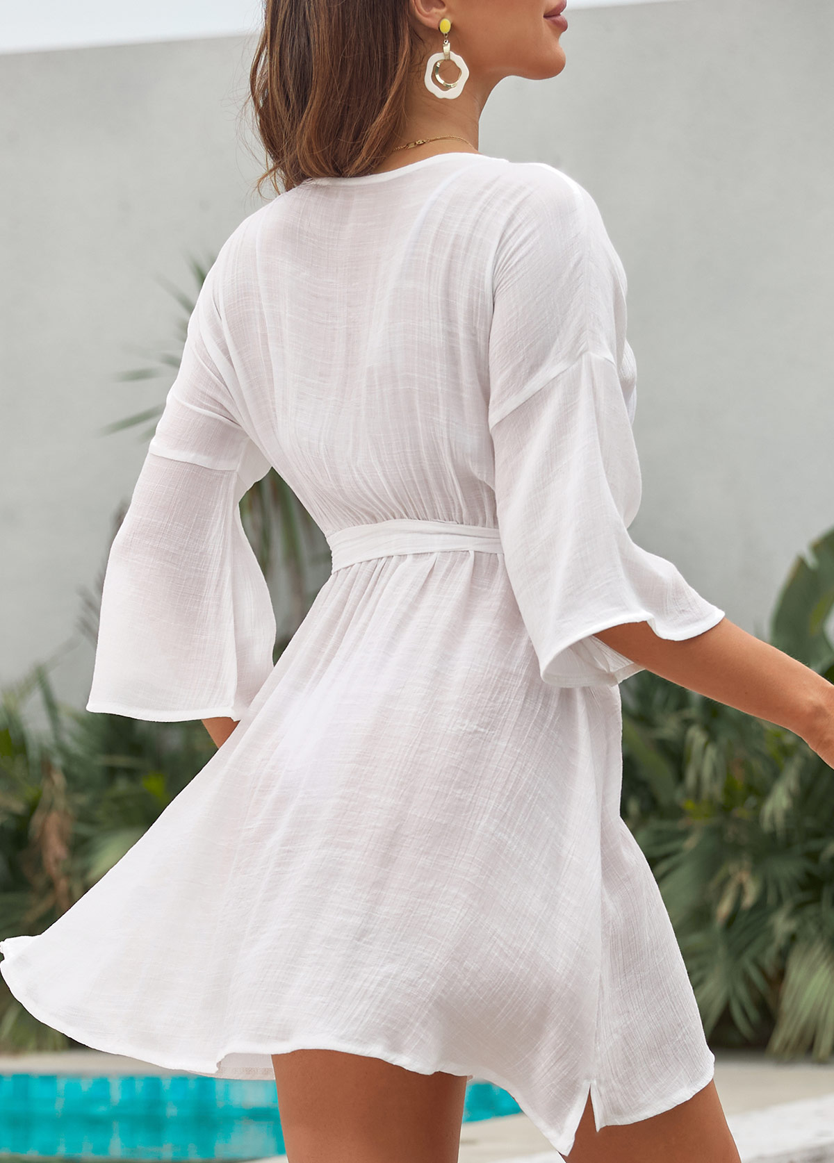 White swimwear,Plain Color swimwear,Ruched Tie Side White Cover Up