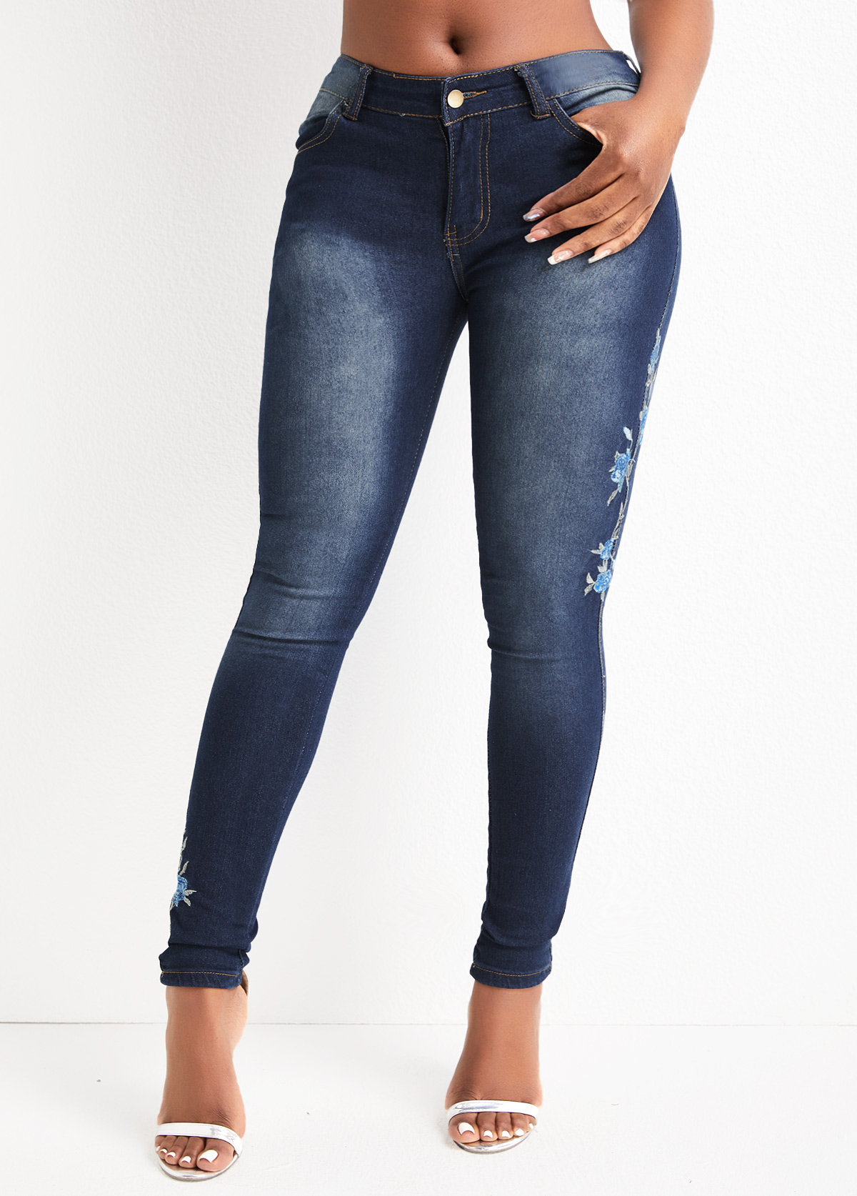 Embroidery Floral Print Denim Blue Skinny Zipper Fly Jeans