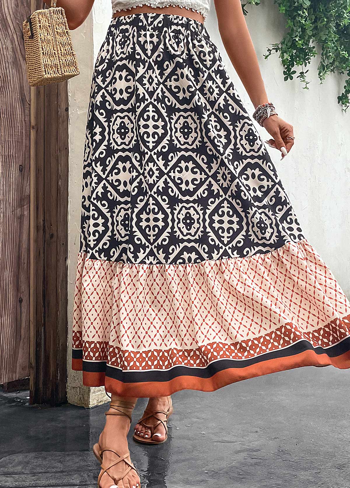 Multi Color bottoms,Tribal bottoms,Dot bottoms,Striped bottoms,Patchwork Tribal Print Multi Color Maxi Skirt