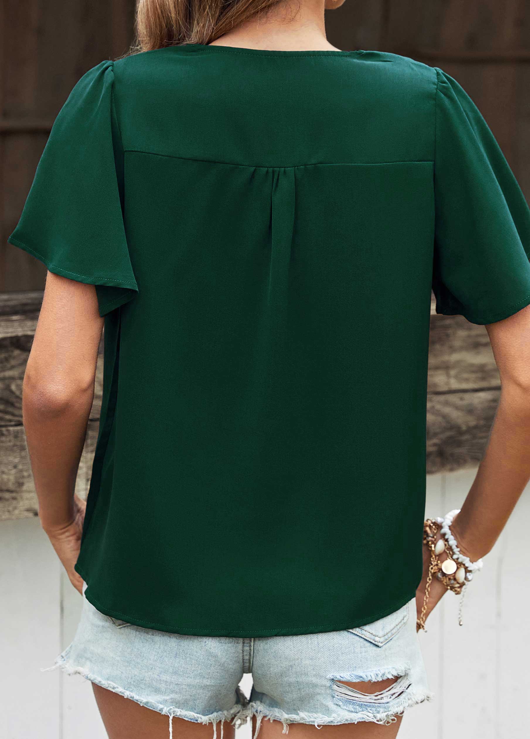 Turquoise tops,Plain Color tops,Button Detail Turquoise V Neck Blouse