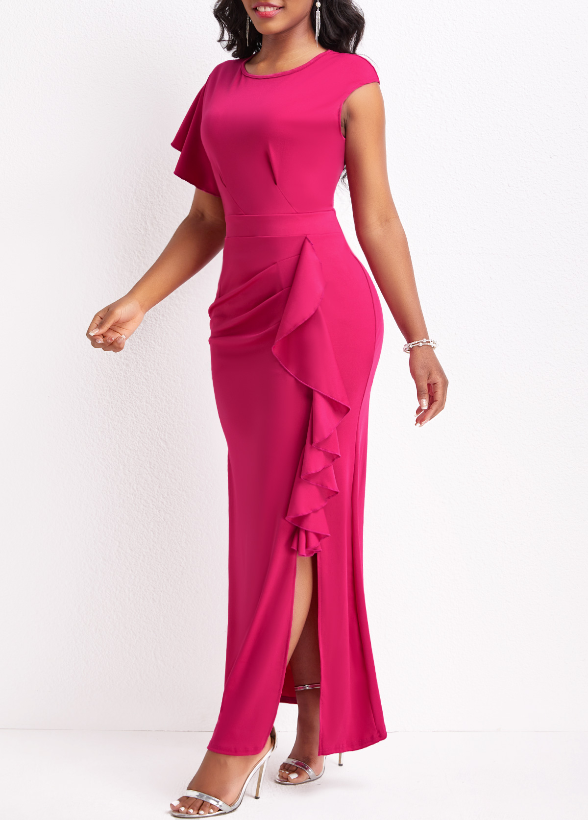 Hot Pink dresses,Plain Color dresses,Ruffle Hot Pink Round Neck Dress