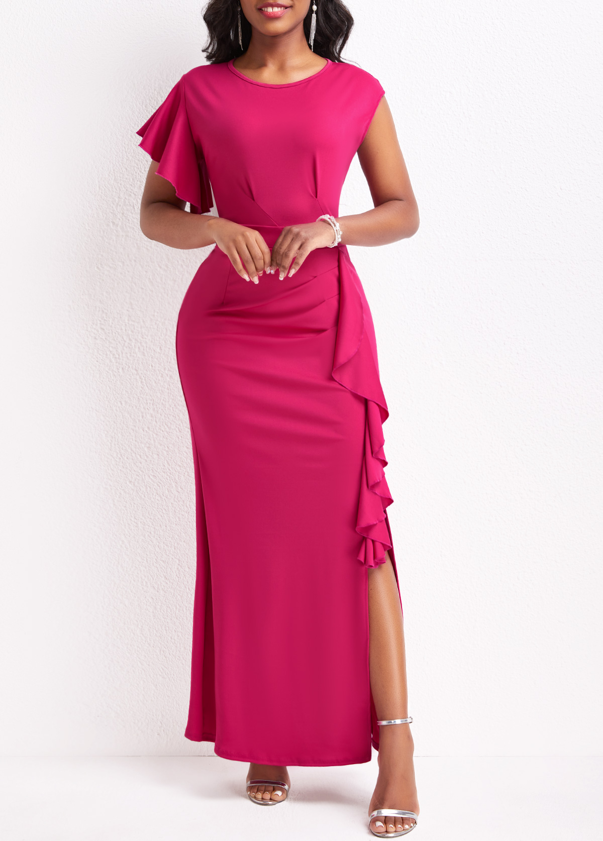 Hot Pink dresses,Plain Color dresses,Ruffle Hot Pink Round Neck Dress