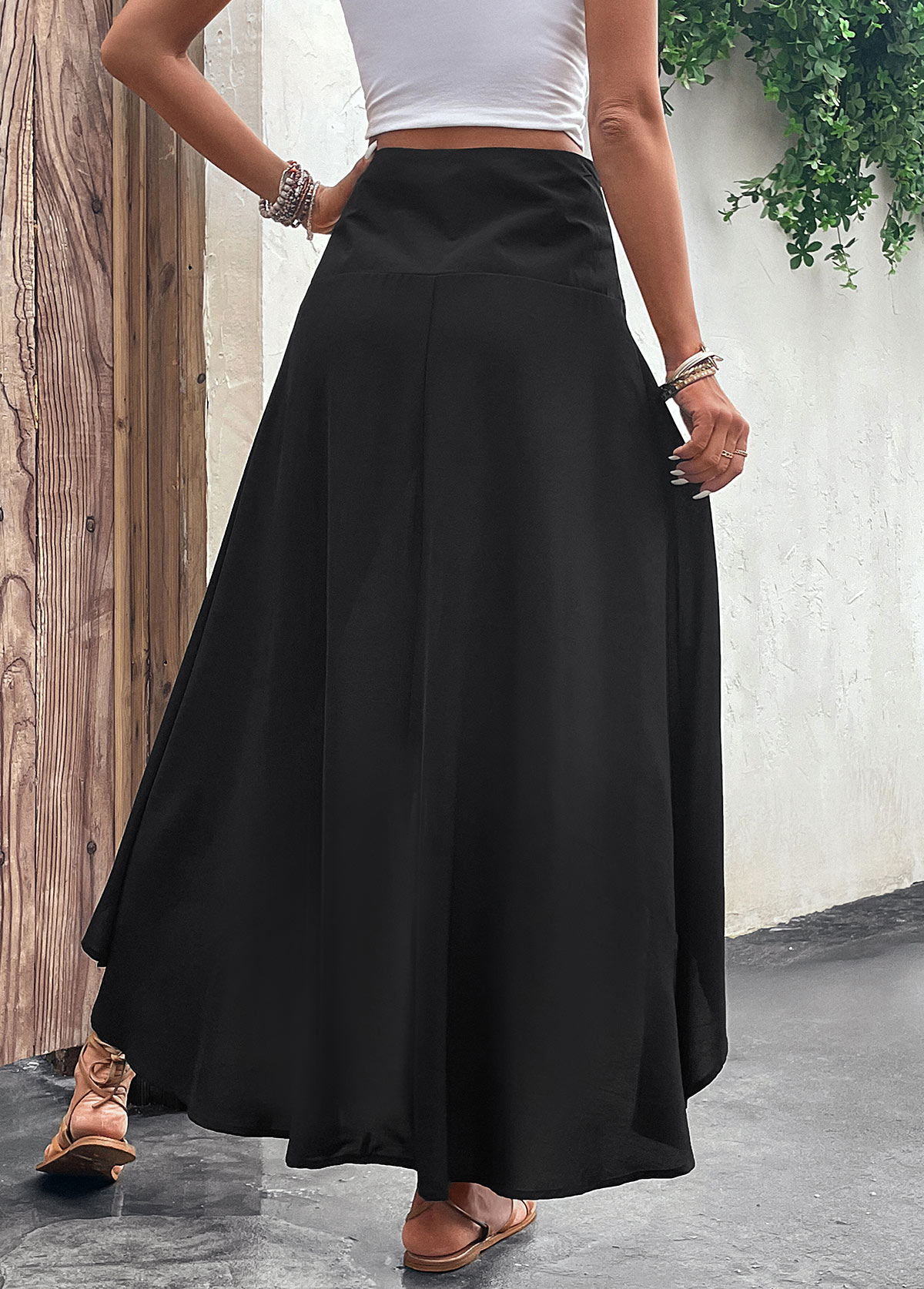 Black bottoms,Plain Color bottoms,Asymmetry Black Elastic Waist A Line Skirt
