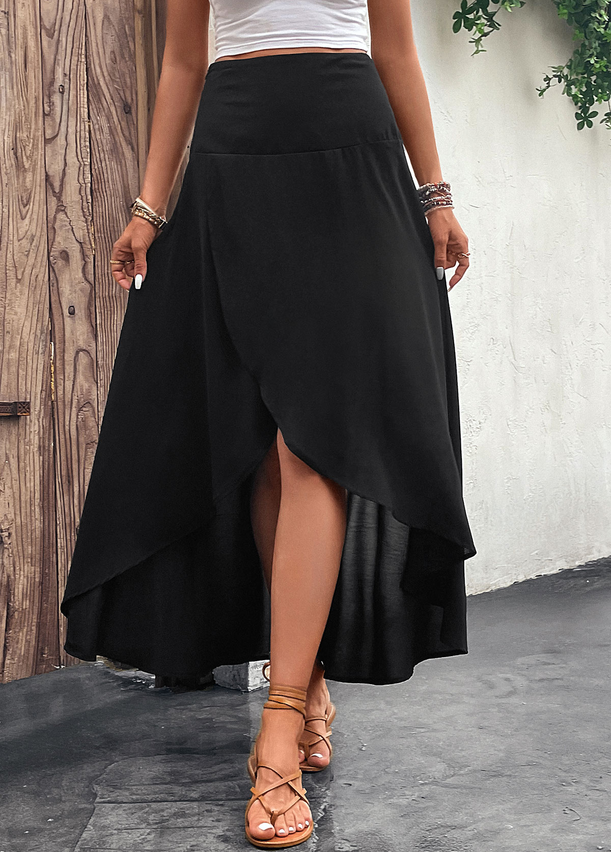 Black bottoms,Plain Color bottoms,Asymmetry Black Elastic Waist A Line Skirt