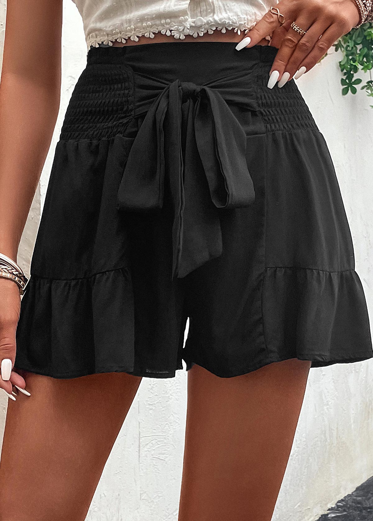 Bowknot Black Elastic Waist High Waisted Shorts