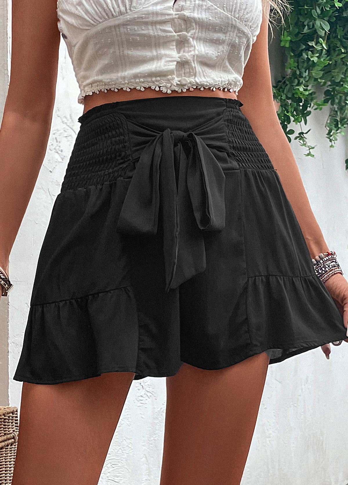 Black bottoms,Plain Color bottoms,Bowknot Black Elastic Waist High Waisted Shorts