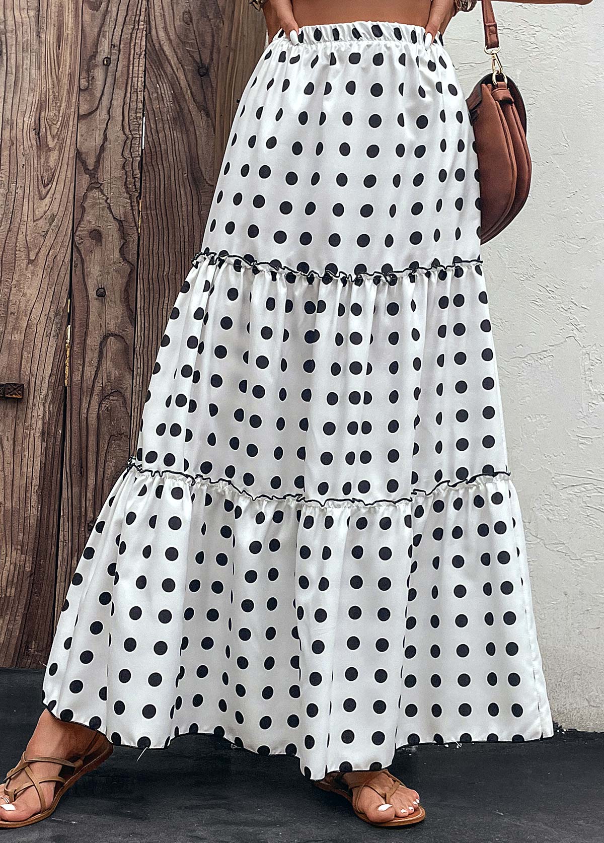 White bottoms,Dot bottoms,Ruched Polka Dot White Elastic Waist Skirt