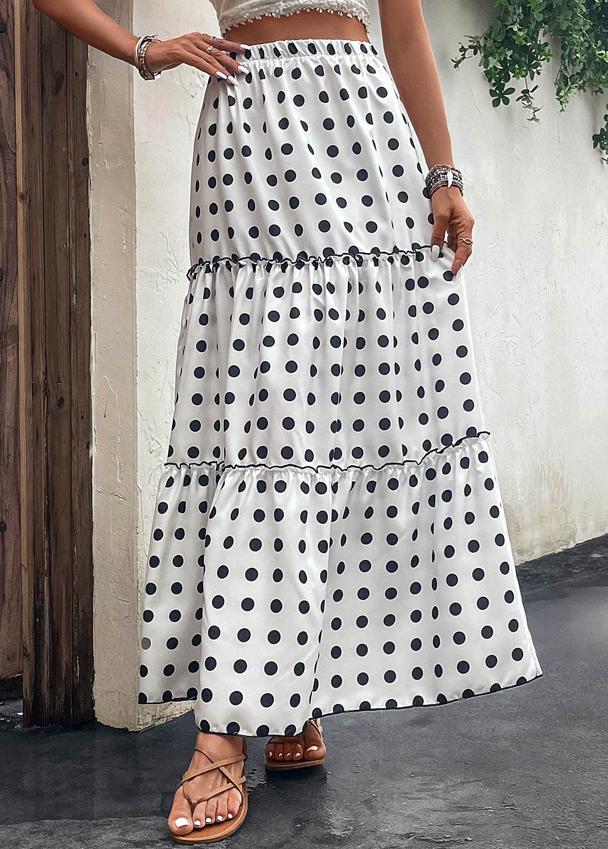 White bottoms,Dot bottoms,Ruched Polka Dot White Elastic Waist Skirt