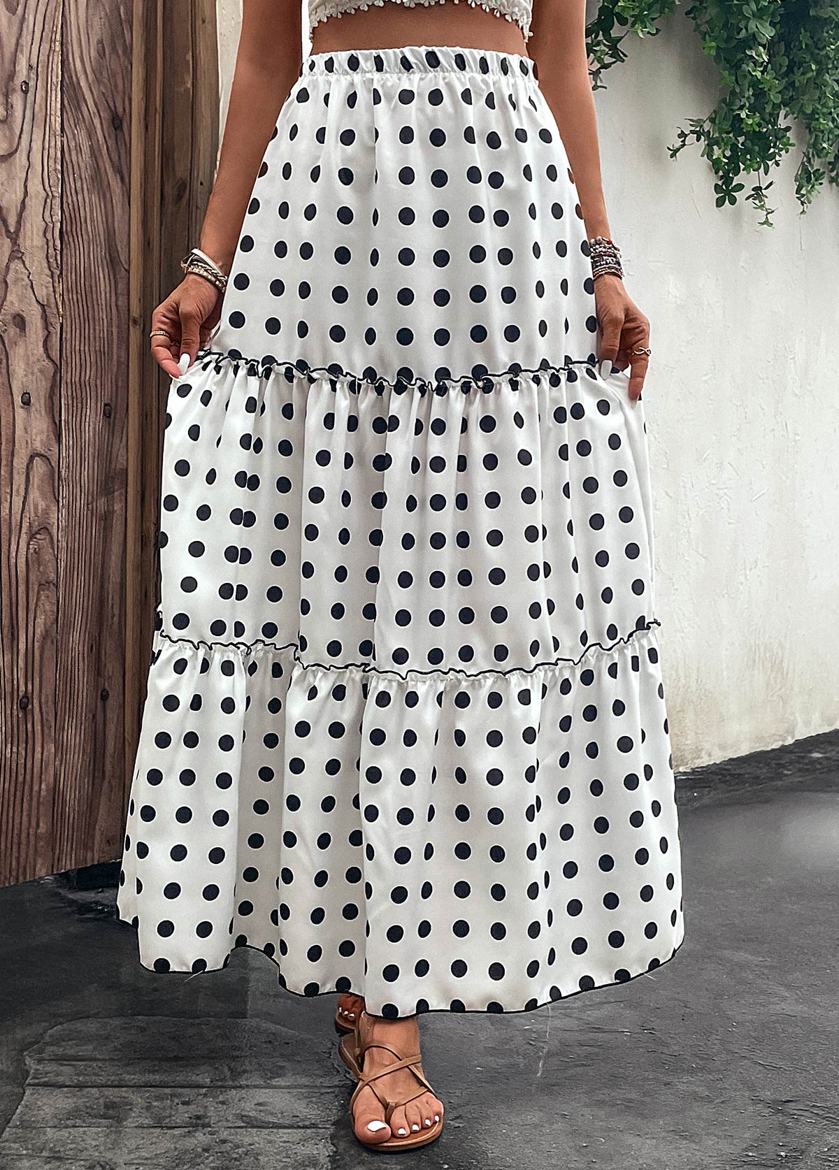 White bottoms,Dot bottoms,Ruched Polka Dot White Elastic Waist Skirt