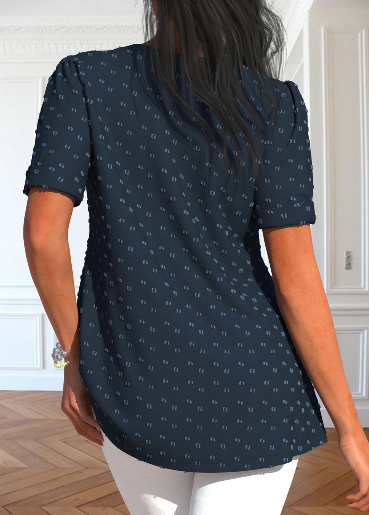 Navy tops,Plain Color tops,ROTITA Tuck Stitch Navy Split Neck Short Sleeve Blouse