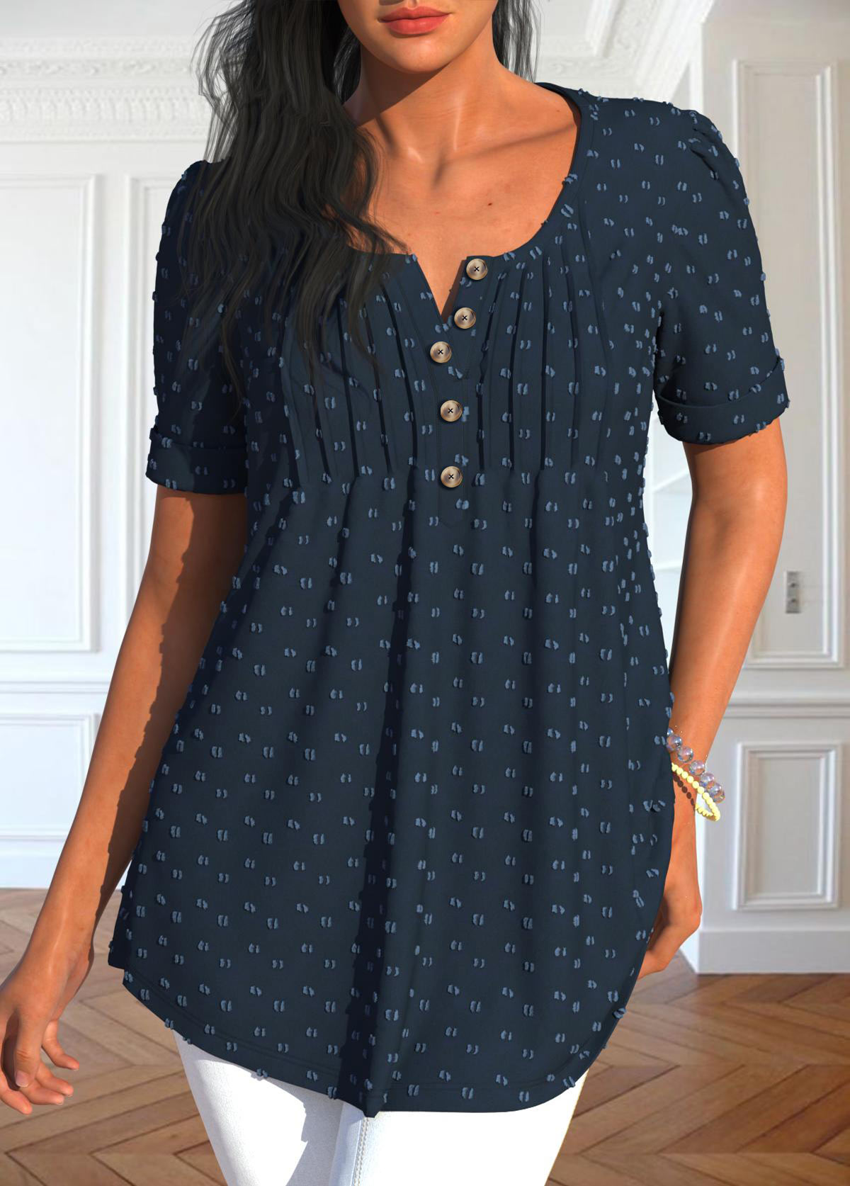 Navy tops,Plain Color tops,ROTITA Tuck Stitch Navy Split Neck Short Sleeve Blouse