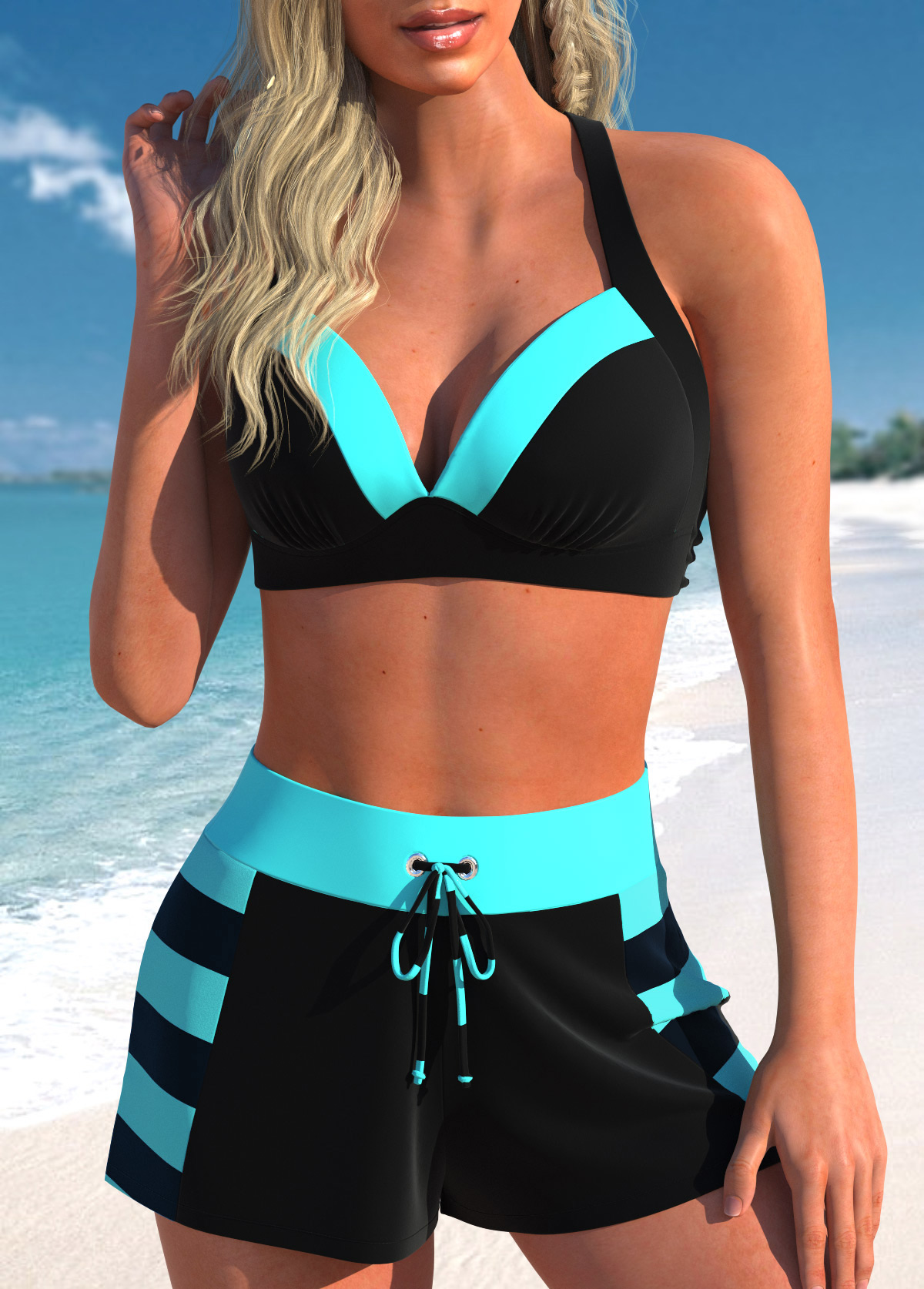 ROTITA Ensemble de bikini taille haute rayé noir patchwork