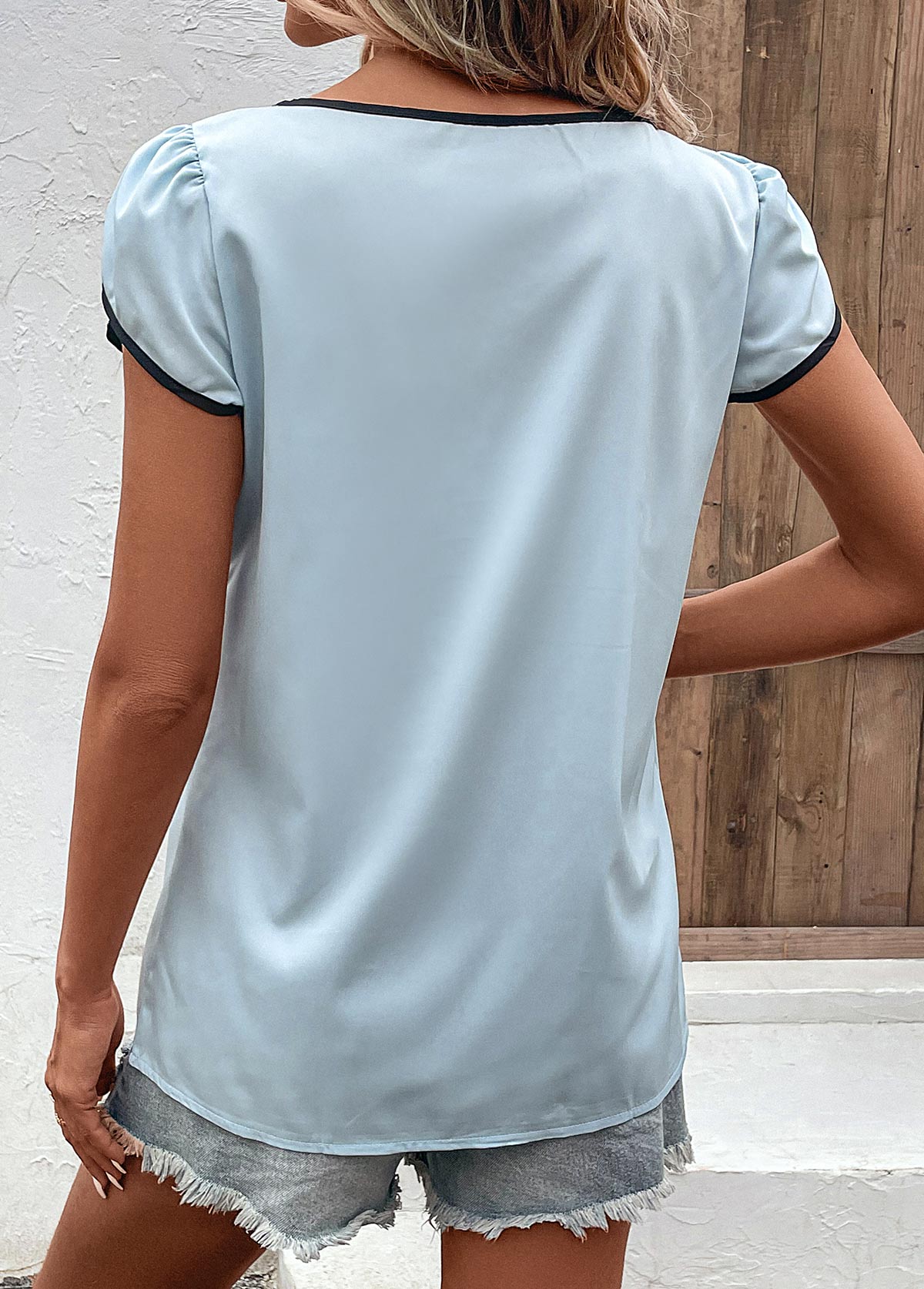 Light Blue tops,Plain Color tops,Cut Out Light Blue Round Neck T Shirt