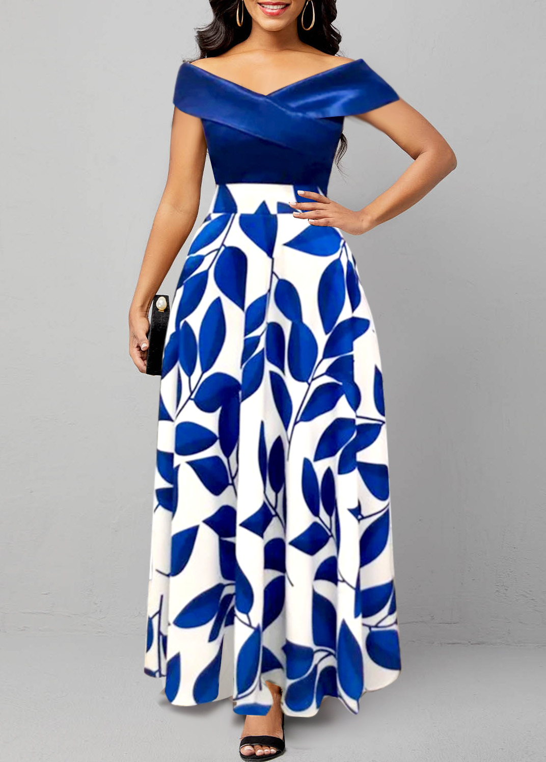 ROTITA Surplice Leaf Print Dark Blue Maxi Dress