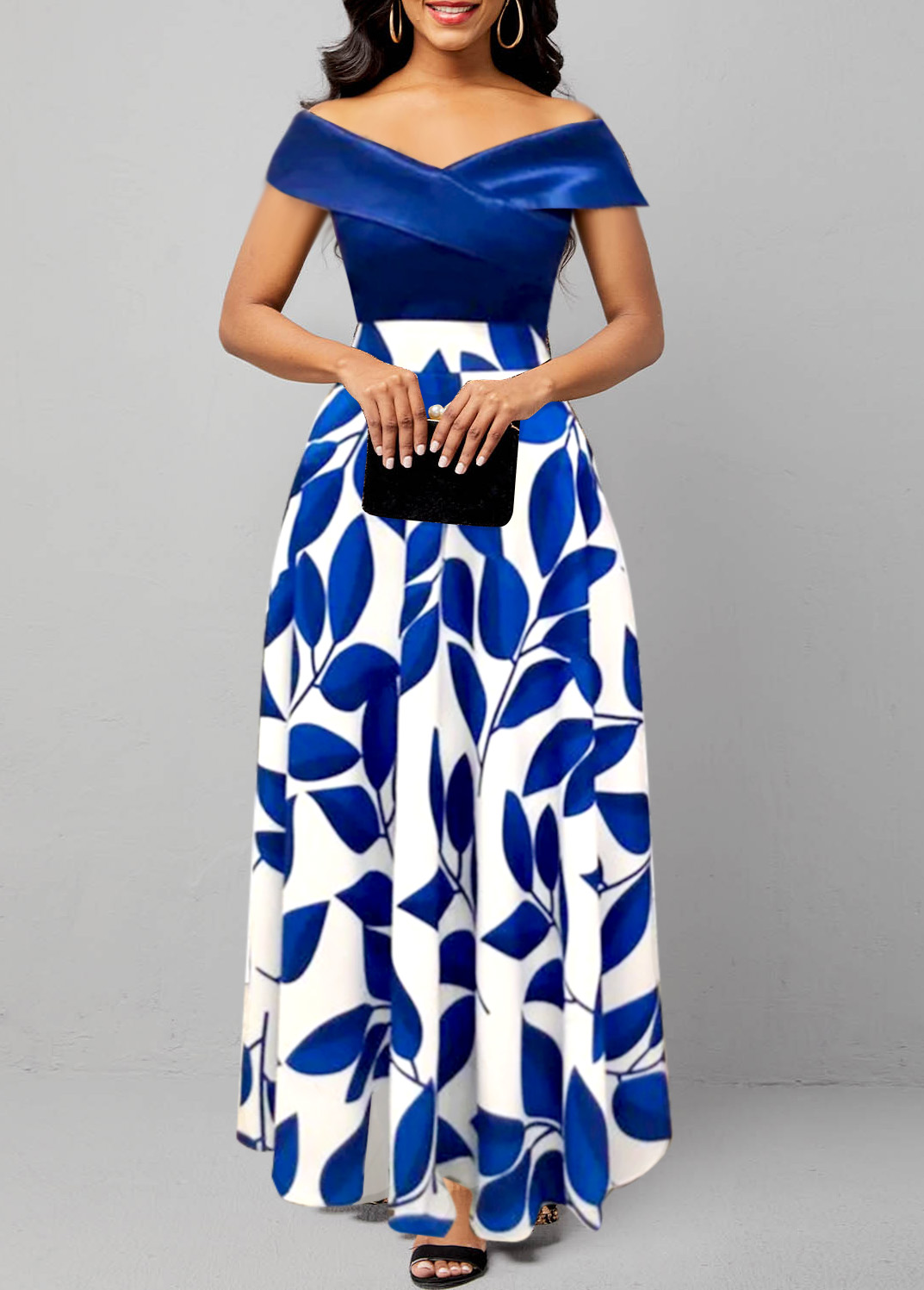 Dark Blue dresses,White dresses,Plants dresses,Vacation dresses,Vacation dresses,ROTITA Surplice Leaf Print Dark Blue Maxi Dress