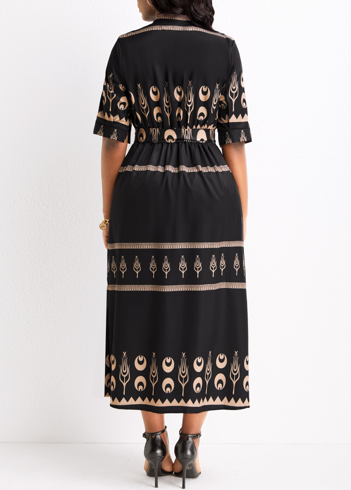 Black dresses,Tribal dresses,Geometric dresses,Button Tribal Print Black Belted Half Sleeve Dress