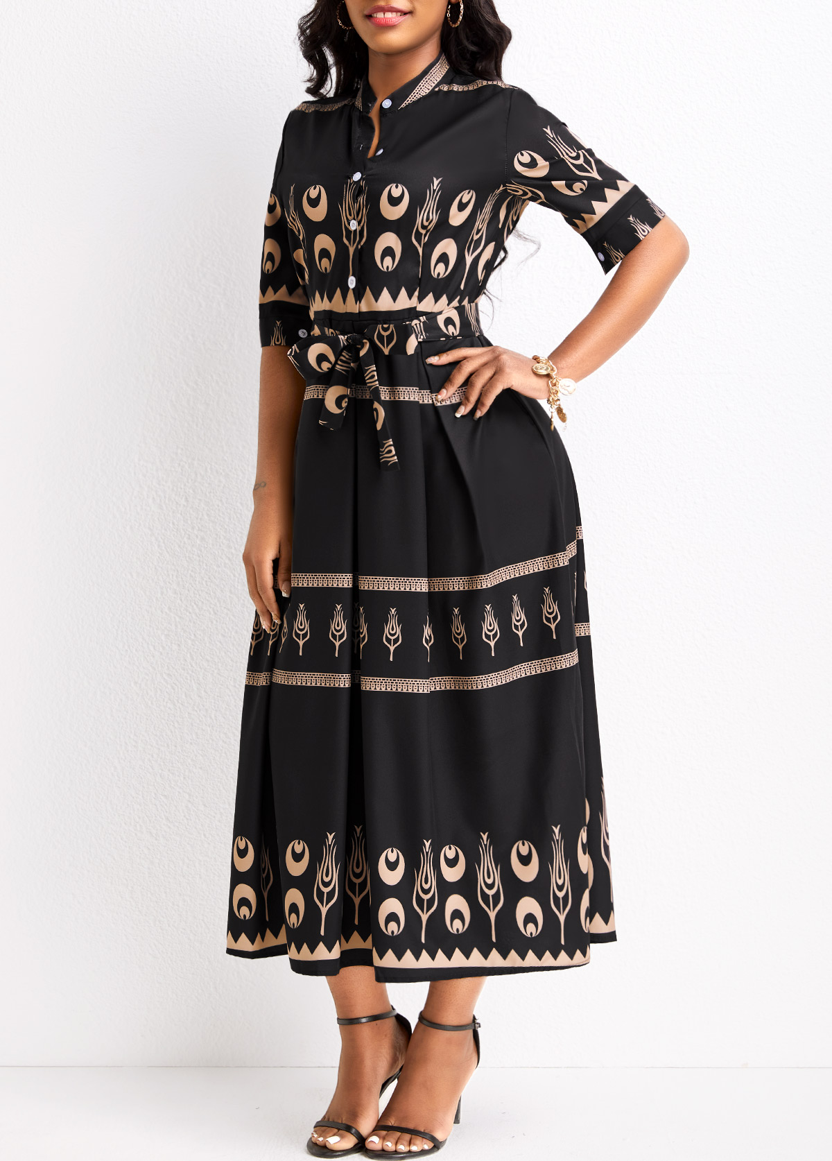Black dresses,Tribal dresses,Geometric dresses,Button Tribal Print Black Belted Half Sleeve Dress