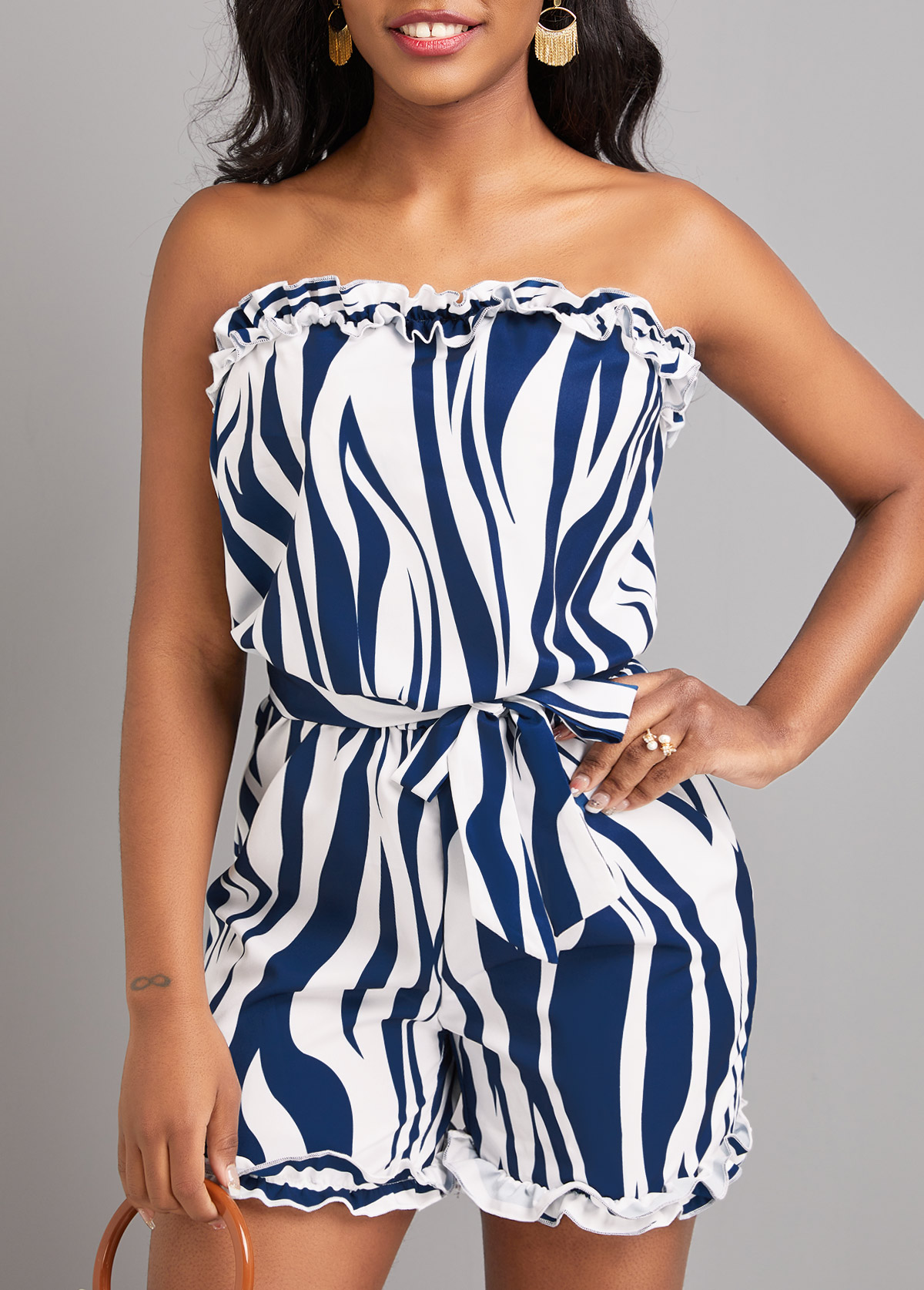 Navy jumpsuits & rompers,White jumpsuits & rompers,Striped jumpsuits & rompers,Geometric jumpsuits & rompers,Frill Striped Navy Belted Short Regular Bandeau Romper