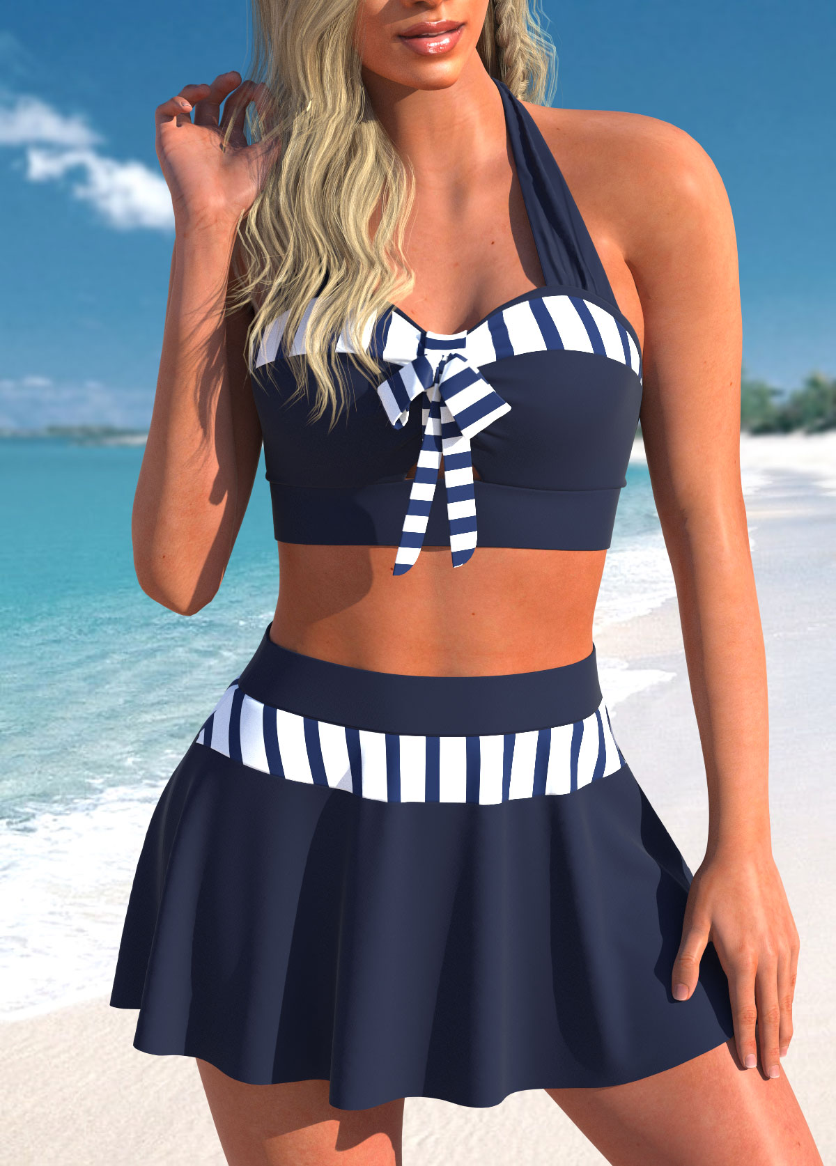 ROTITA Patchwork Blue Striped High Waisted Bikini Set