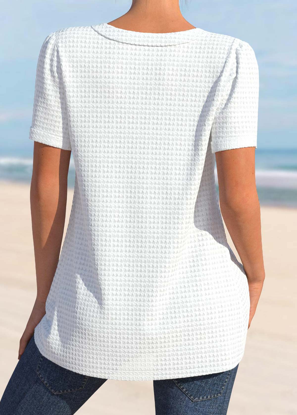 White tops,Plain Color tops,ROTITA Button Detail White V Neck Blouse