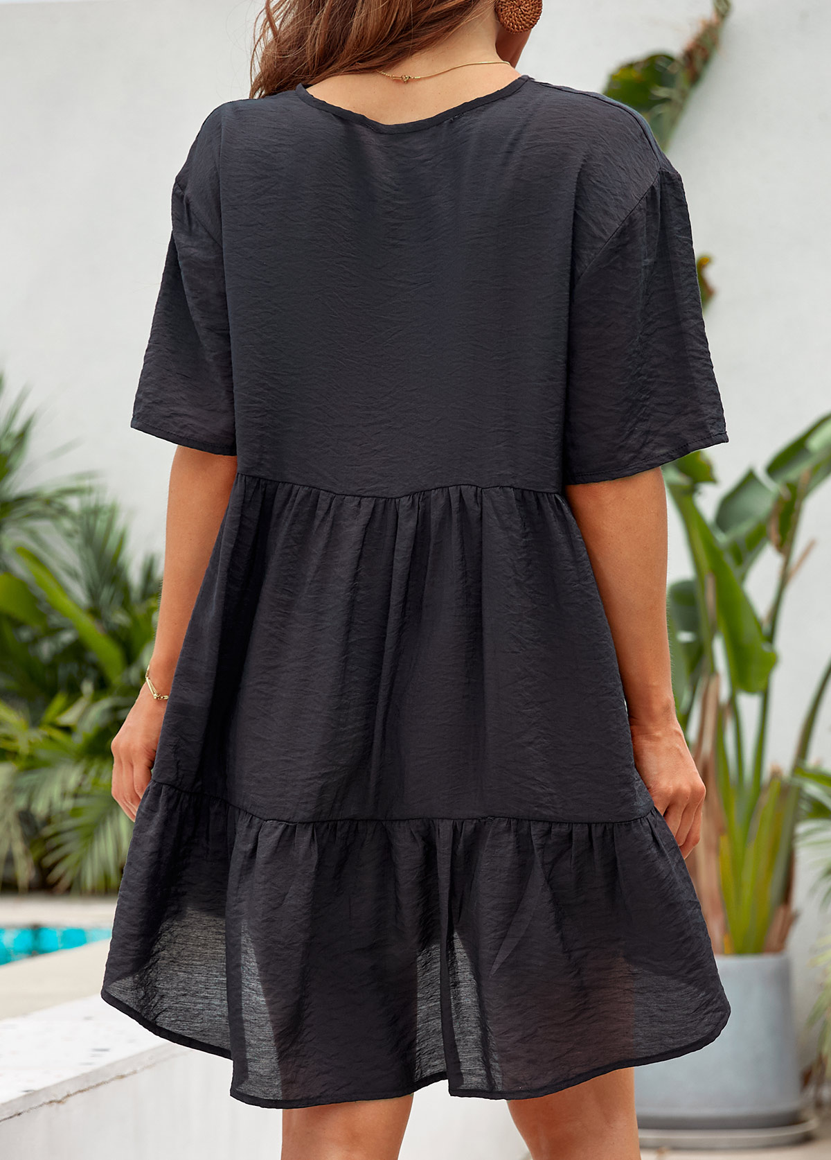 Black swimwear,Plain Color swimwear,Lightweight Ruched Black V Neck Cover Up