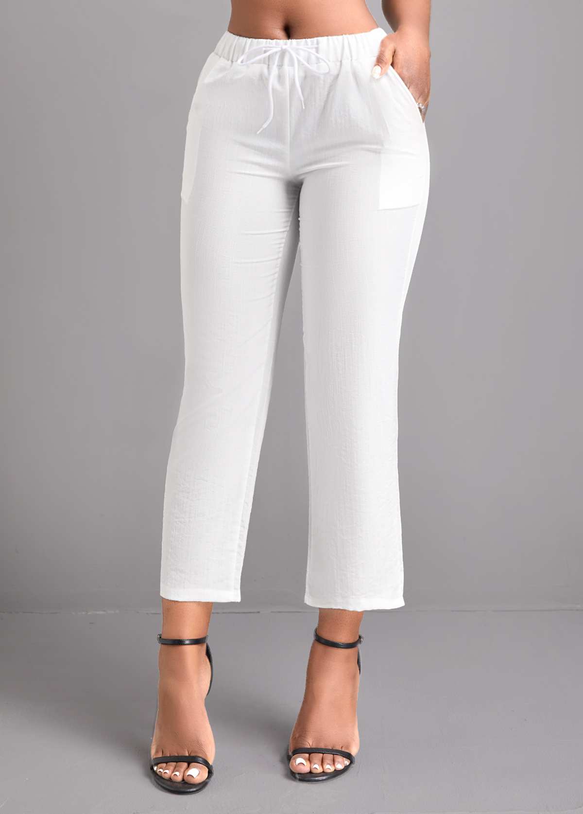 White bottoms,Plain Color bottoms,Pocket White Drawastring Mid Waisted Pants