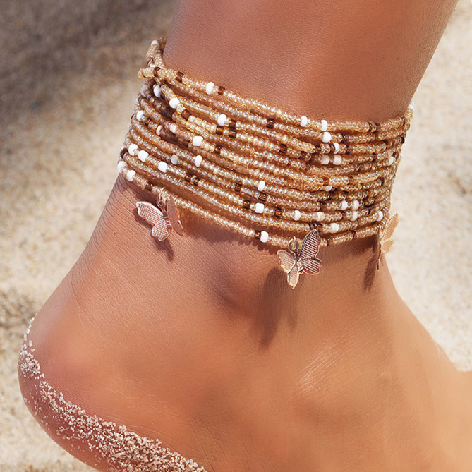 Butterfly Beads Detail Layered Gold Anklet Set