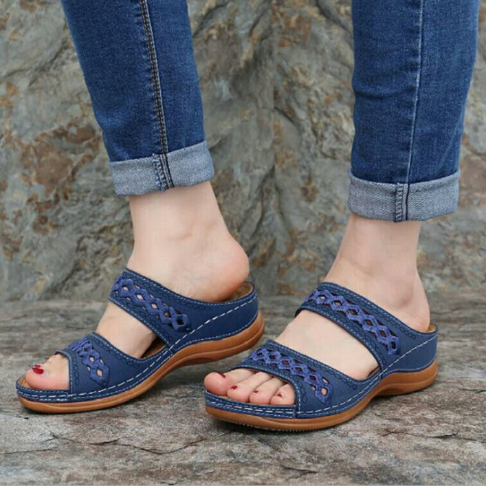 Blue Hollow Falt Open Toe Sliders