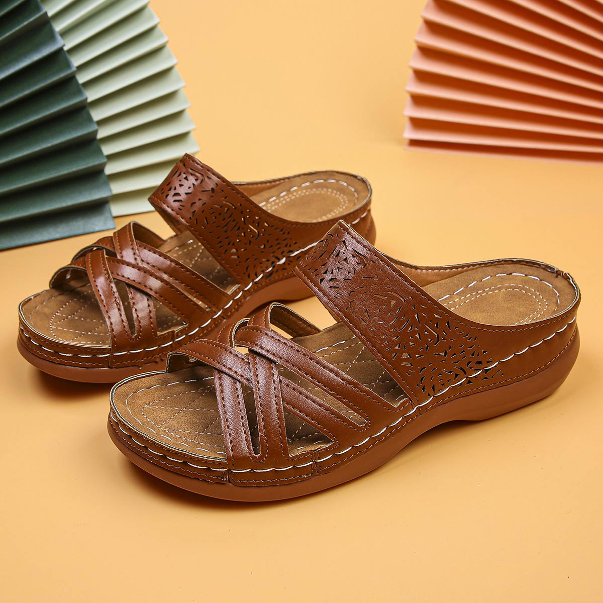 Dark Coffee accessories,Plain Color accessories,Dark Coffee Low Heel Hollow Open Toe Sliders