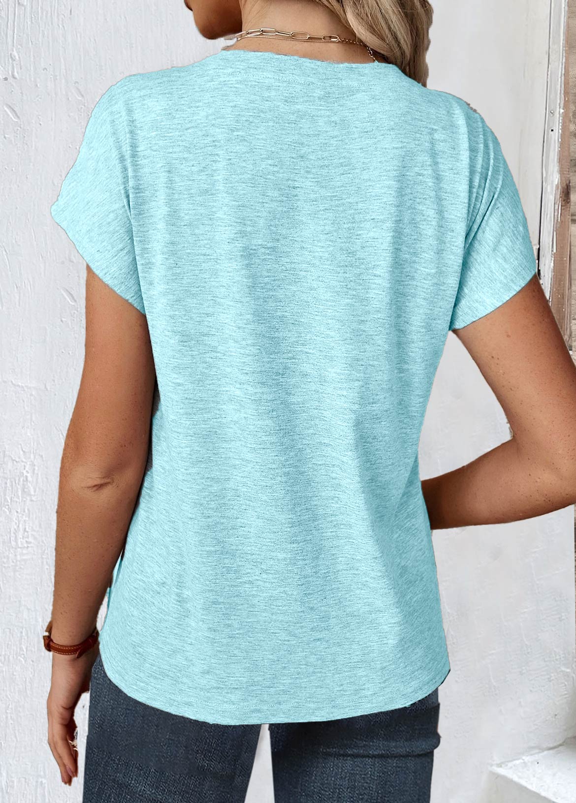 Light Blue tops,Plain Color tops,ROTITA Lace Patchwork Light Blue V Neck T Shirt